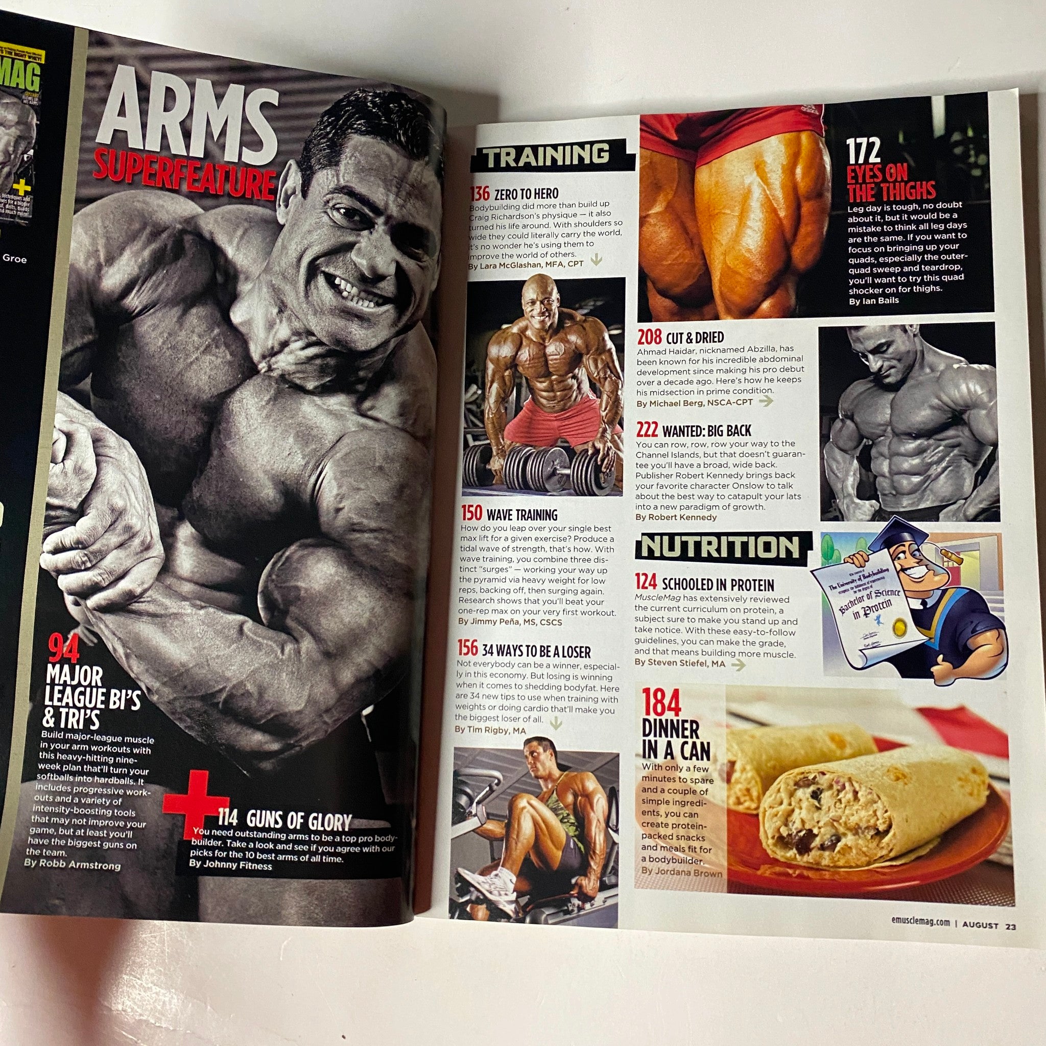 Inside page of MuscleMag International Magazine August 2009 No. 327 highlighting information on arms training, bodybuilding, and nutrition strategies.