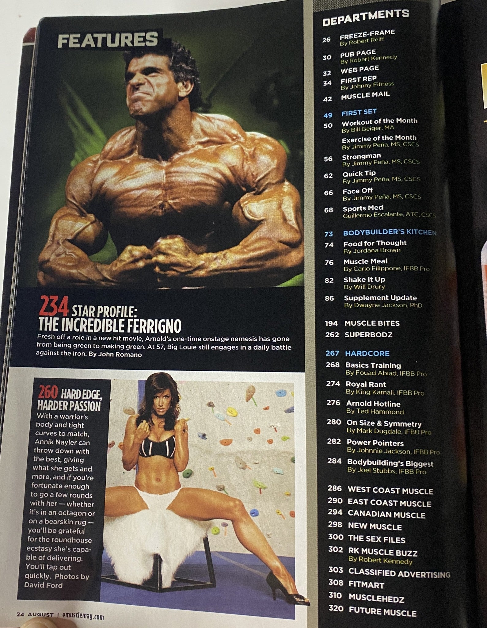 Feature article page from MuscleMag International Magazine August 2009 No. 327, focusing on bodybuilding superstar Incredible Ferrigno and training insights.