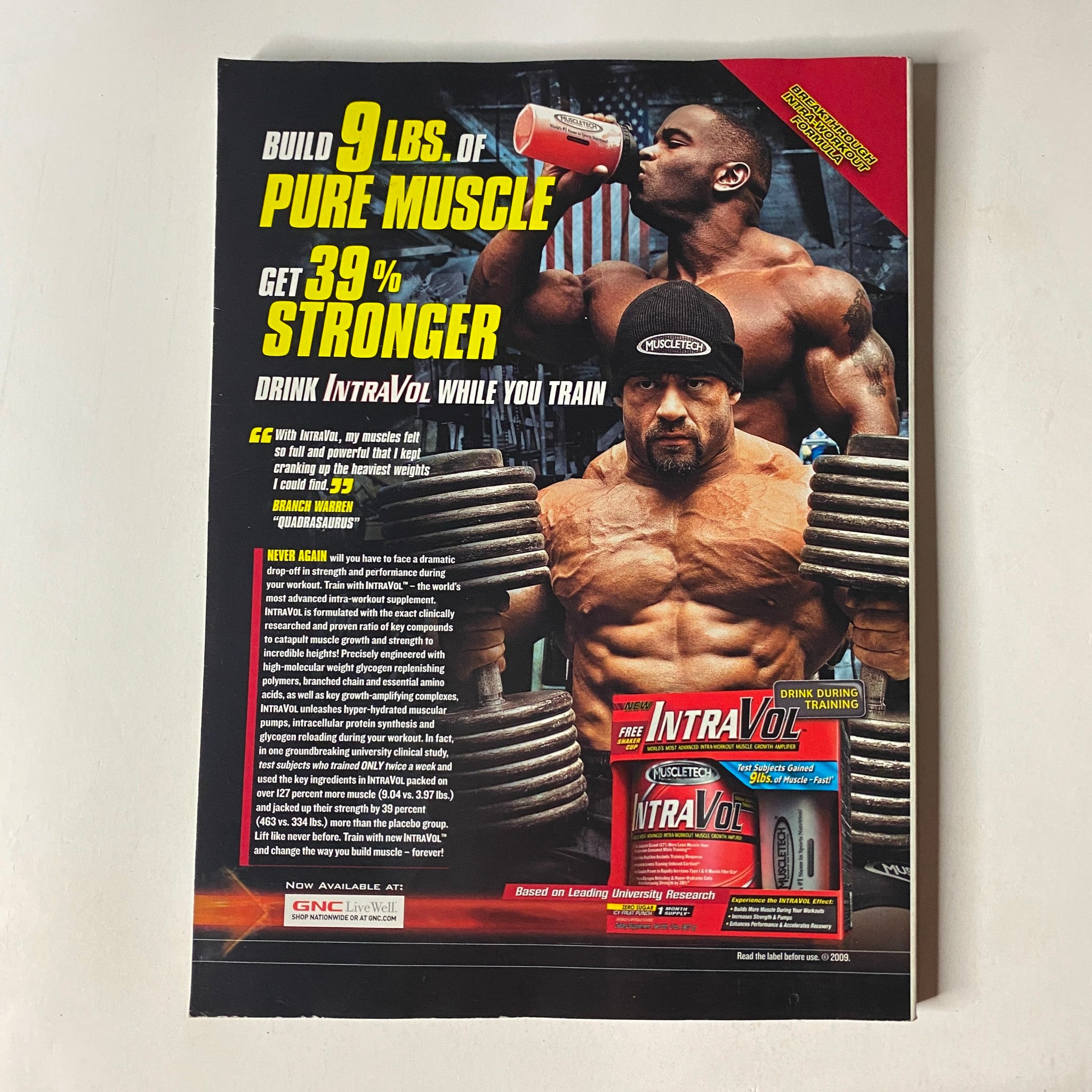 Advertisement page from MuscleMag International Magazine August 2009 No. 327 promoting IntraVol, a supplement for muscle strength and training performance.