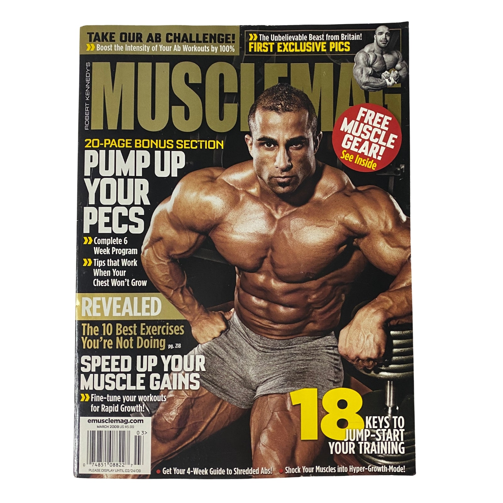 Cover of MuscleMag International Magazine March 2009 No. 322 featuring IFBB Pro Fouad Abiad, highlighting bodybuilding tips and fitness insights.