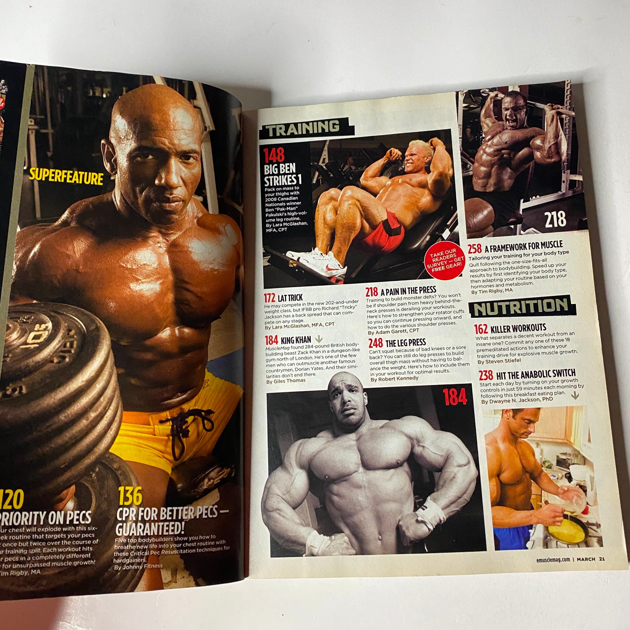 Inside page of MuscleMag International Magazine March 2009 No. 322 showcasing training exercises and nutrition advice, including a muscular athlete in action.