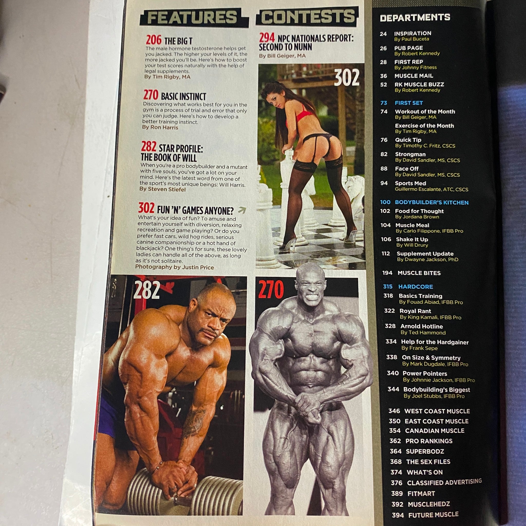 Features and contests page from MuscleMag International Magazine March 2009 No. 322 including profiles of bodybuilders and fitness contests information.