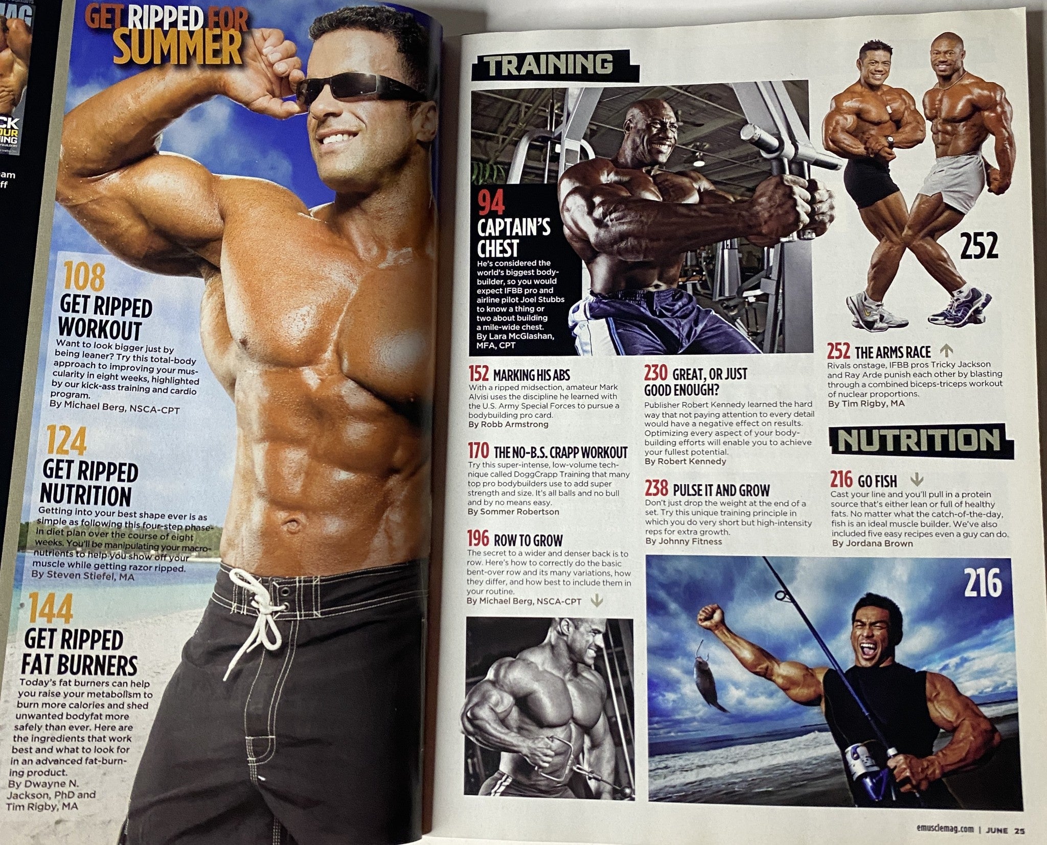 MuscleMag International Magazine June 2009 No. 325 featuring a muscular male model demonstrating a workout routine for summer with a focus on training tips.