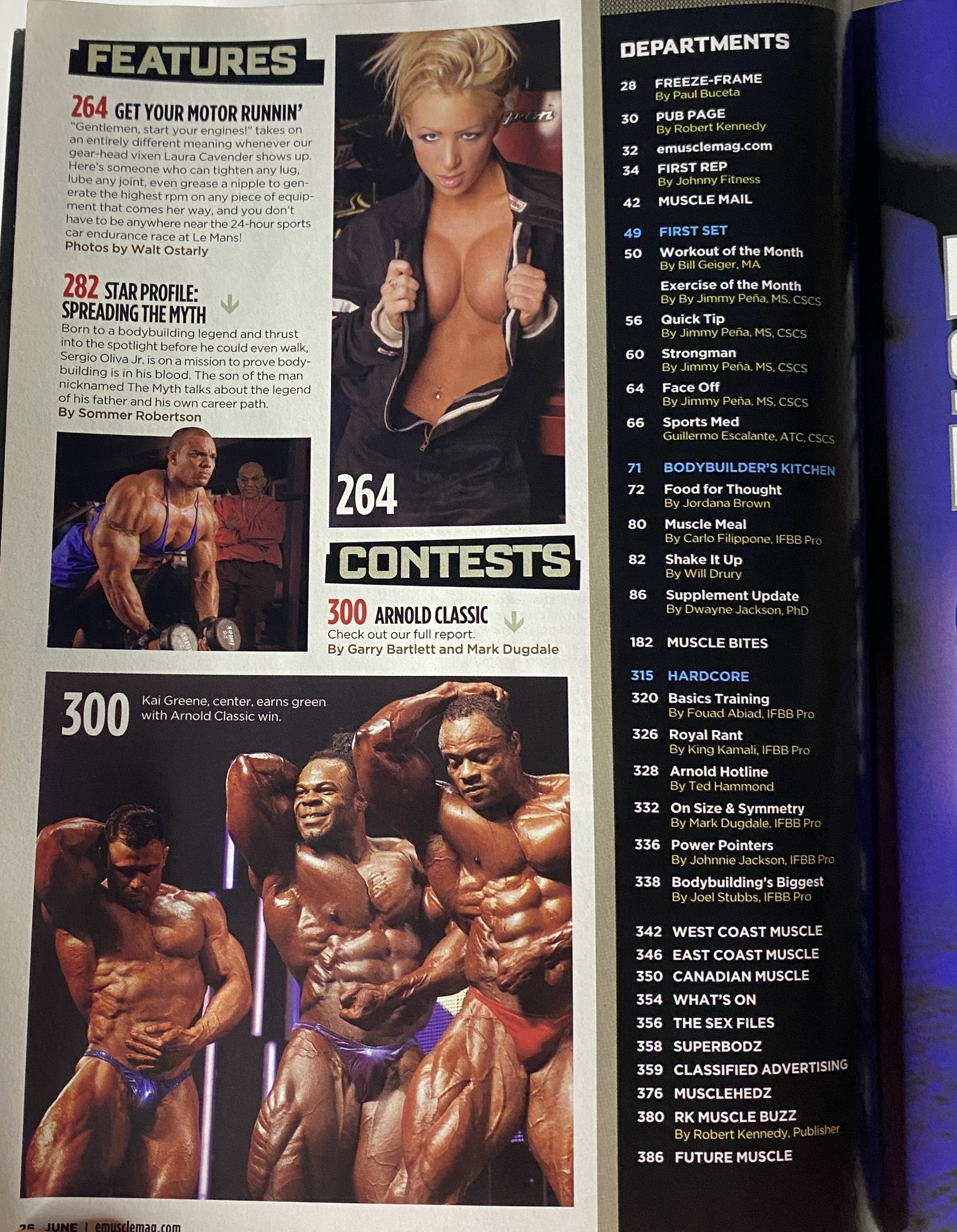 MuscleMag International Magazine June 2009 No. 325 showcasing the features section with a highlight on a star profile and contests, including the Arnold Classic.