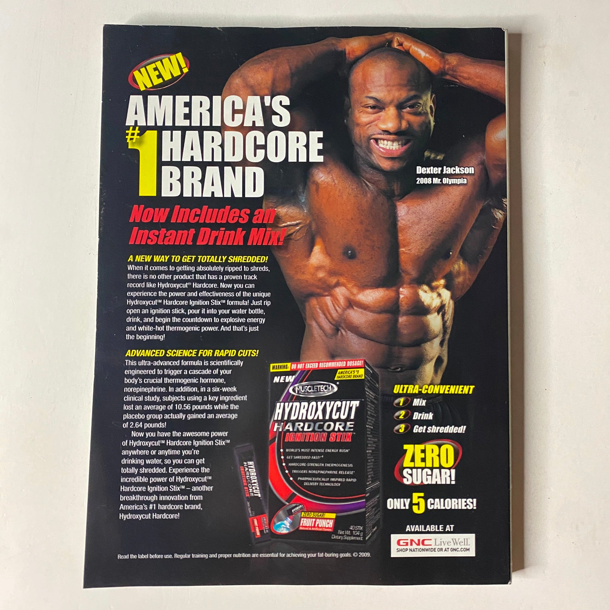 MuscleMag International Magazine June 2009 No. 325 advertisement for America's #1 hardcore brand featuring athlete Dexter Jackson promoting Hydroxycut Hardcore.