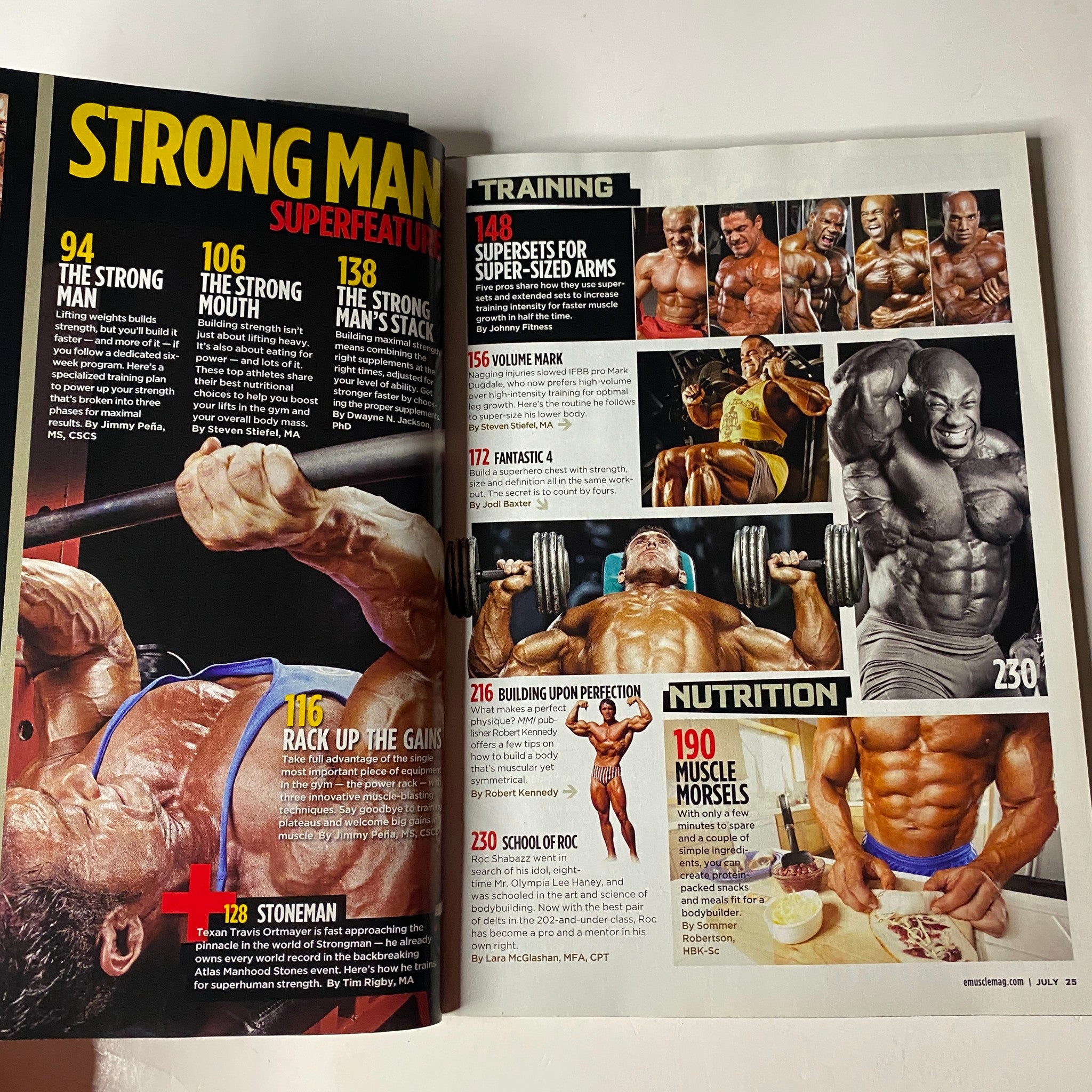 Inside page of MuscleMag International Magazine July 2009 showcasing training programs, nutrition tips, and bodybuilding strategies, including features on super-sized arms and muscle gains.