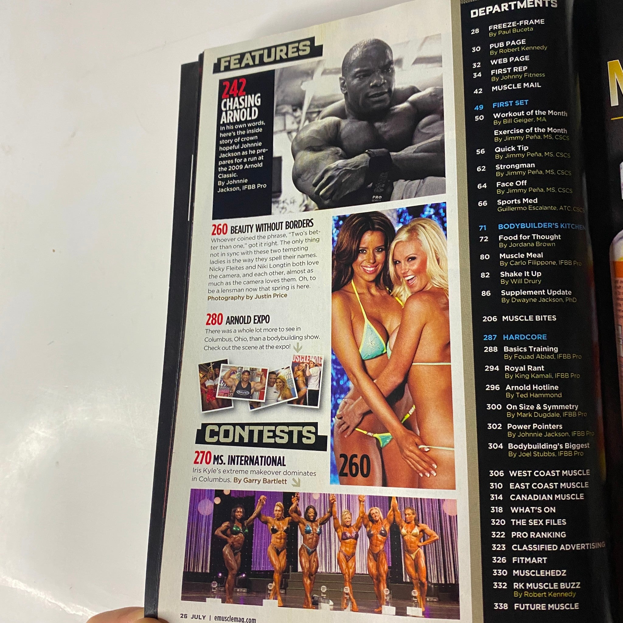MuscleMag International Magazine July 2009, Issue No. 326 features showcasing bodybuilding highlights including 'Chasing Arnold' and the 'Arnold Expo' with images of female competitors in a contest.