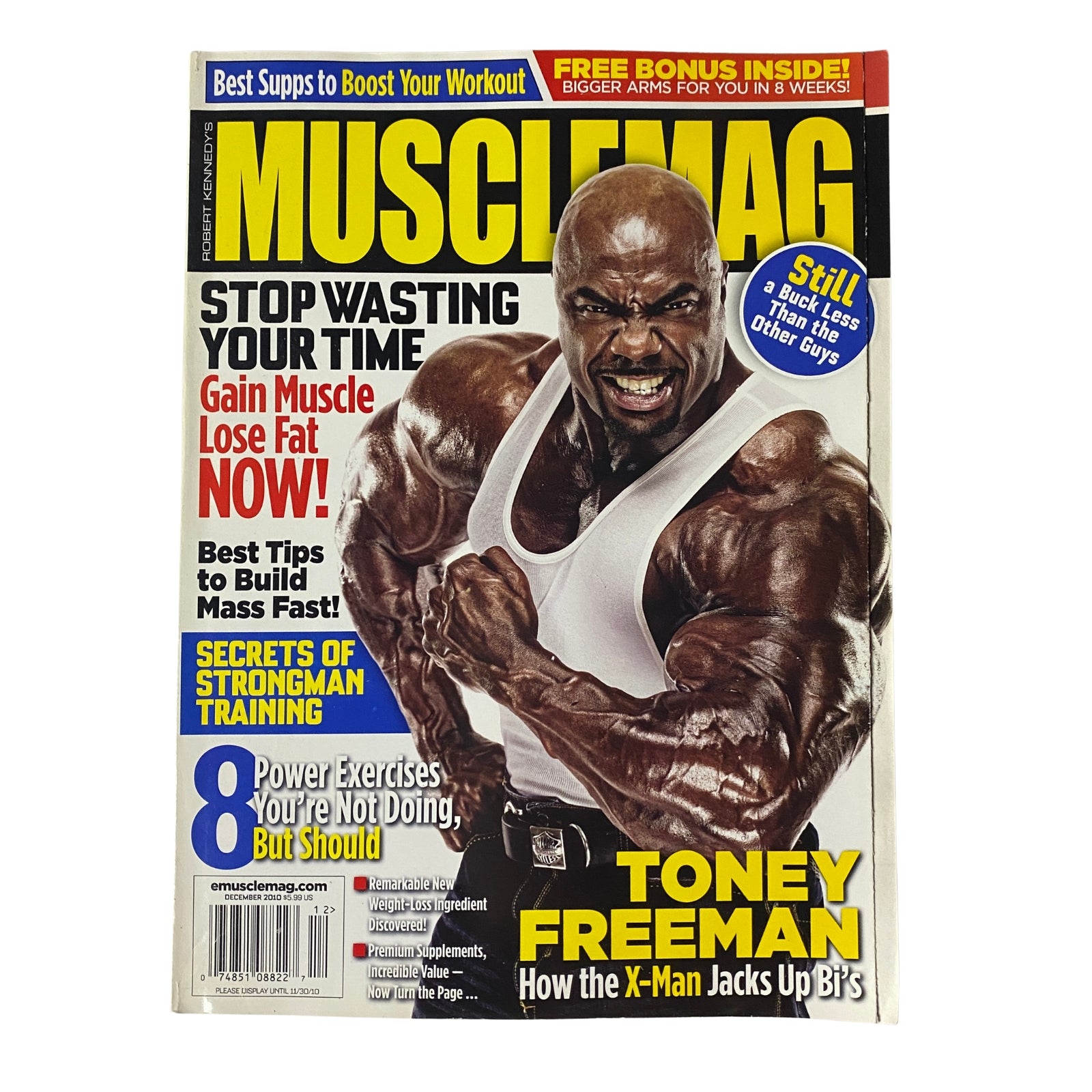 Cover of MuscleMag International Magazine December 2010 #343 featuring Toney Freeman showcasing bodybuilding physique and muscle training tips.