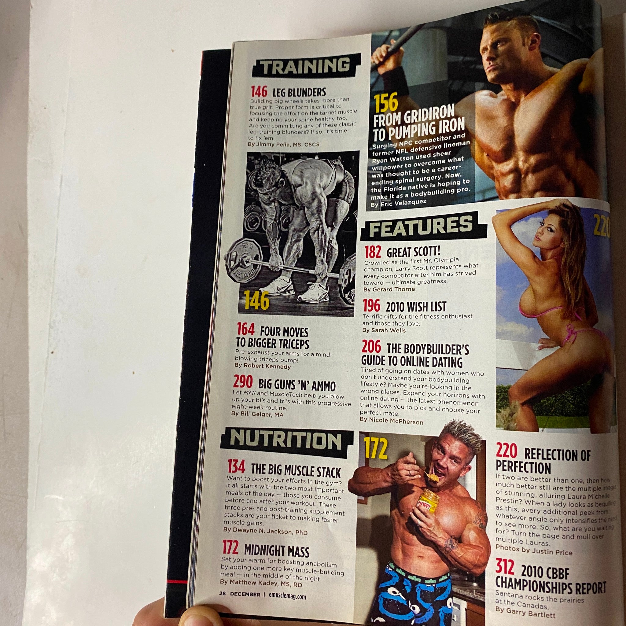Training section of MuscleMag International Magazine December 2010 #343, listing workouts and tips from bodybuilding experts for optimal muscle growth.