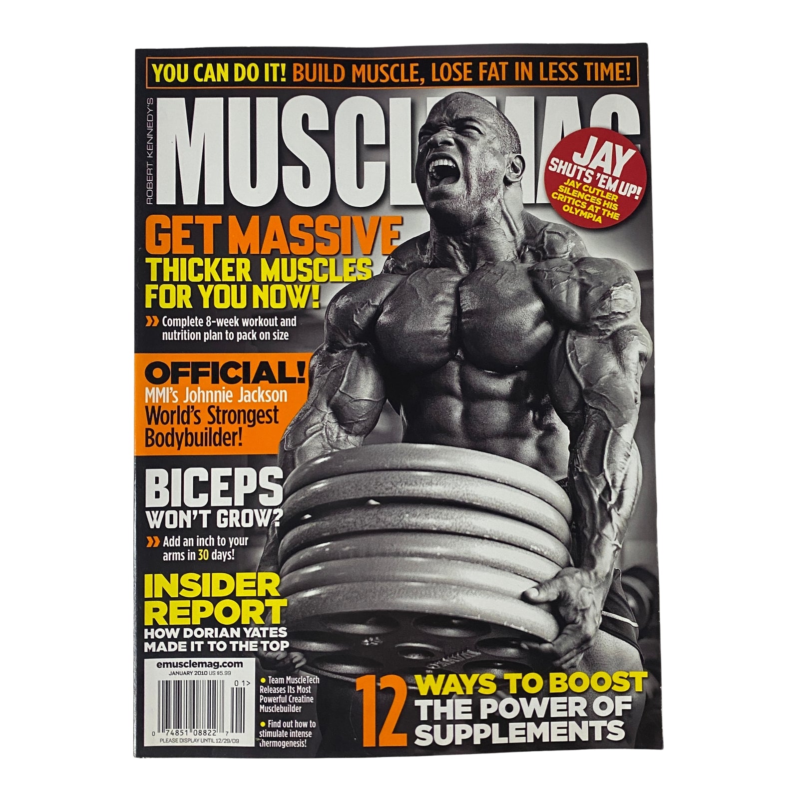 Cover of MuscleMag International Magazine January 2010 featuring IFBB Pro Johnnie Jackson showcasing impressive physique and highlighting bodybuilding tips and features.