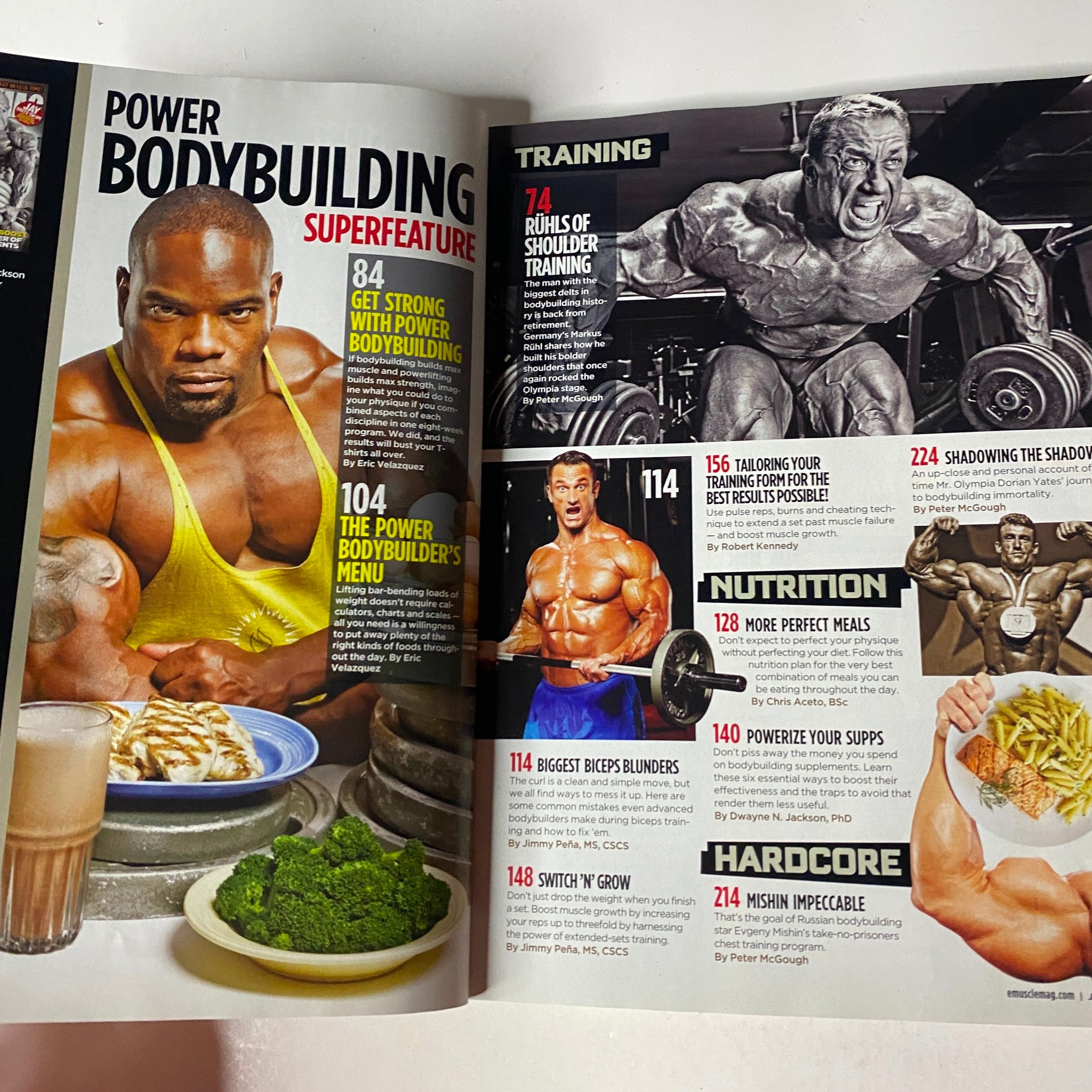 Inside spread of MuscleMag International Magazine January 2010 featuring Power Bodybuilding Superfeature and training tips alongside nutrition advice.