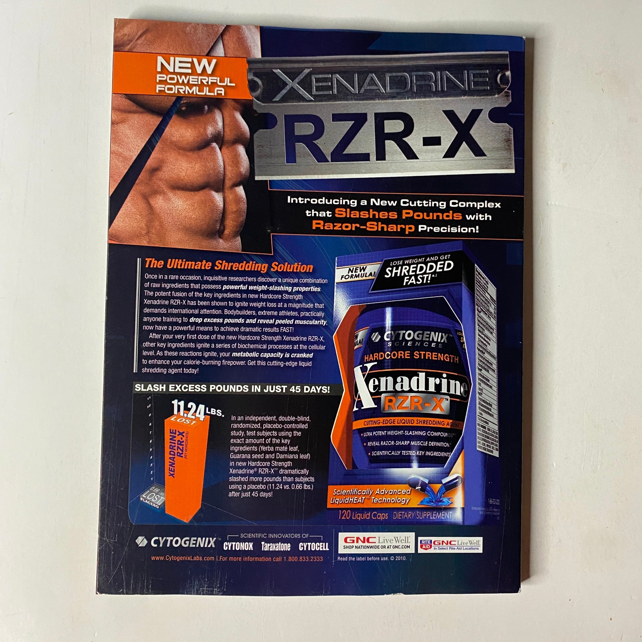 Back cover of MuscleMag International Magazine January 2010 advertising Xenadrine RZR-X with information on its benefits for weight loss and muscle definition.