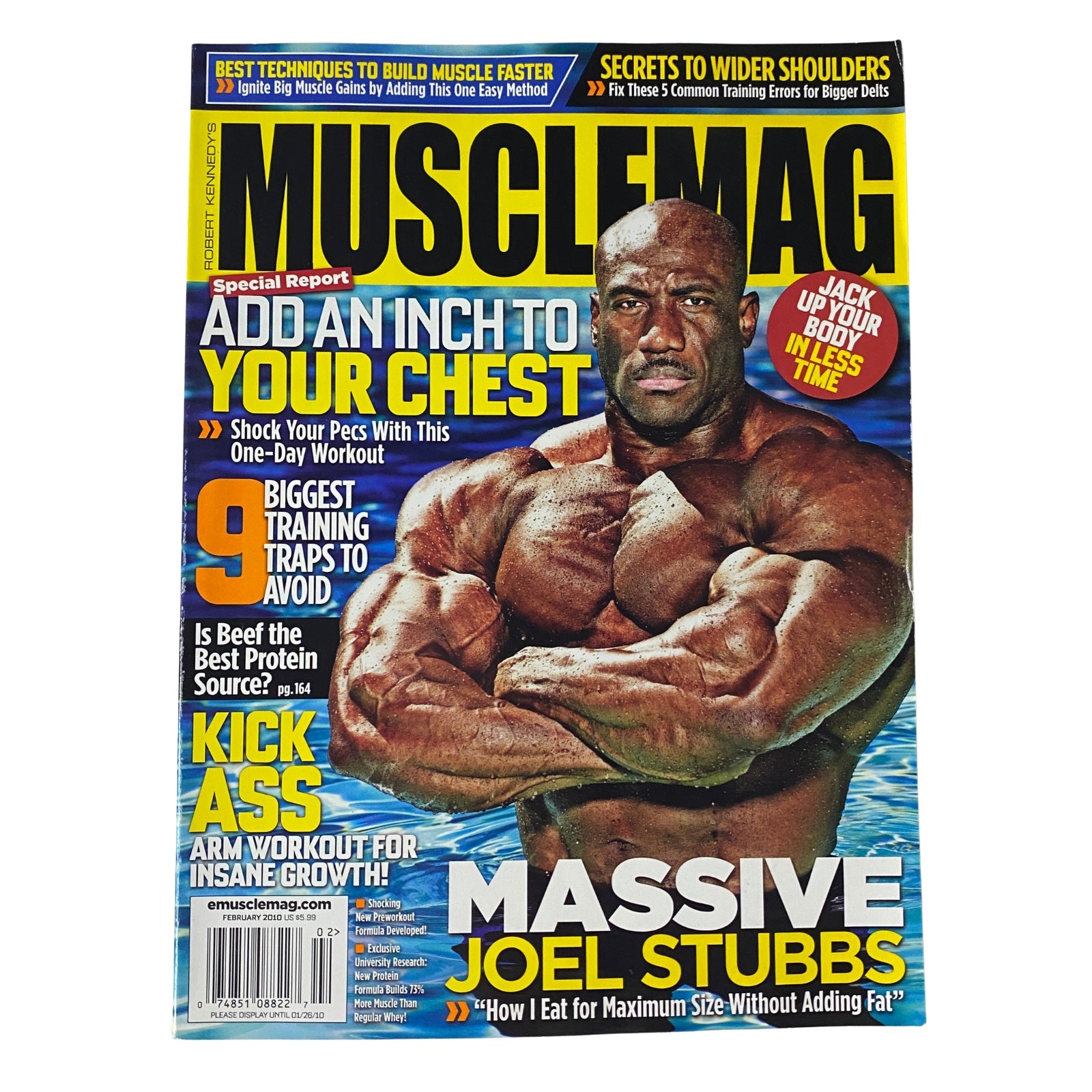 Cover of MuscleMag International Magazine February 2010 Issue #333 featuring a muscular Joel Stubbs, with headlines focusing on bodybuilding workouts, nutrition tips, and training strategies.