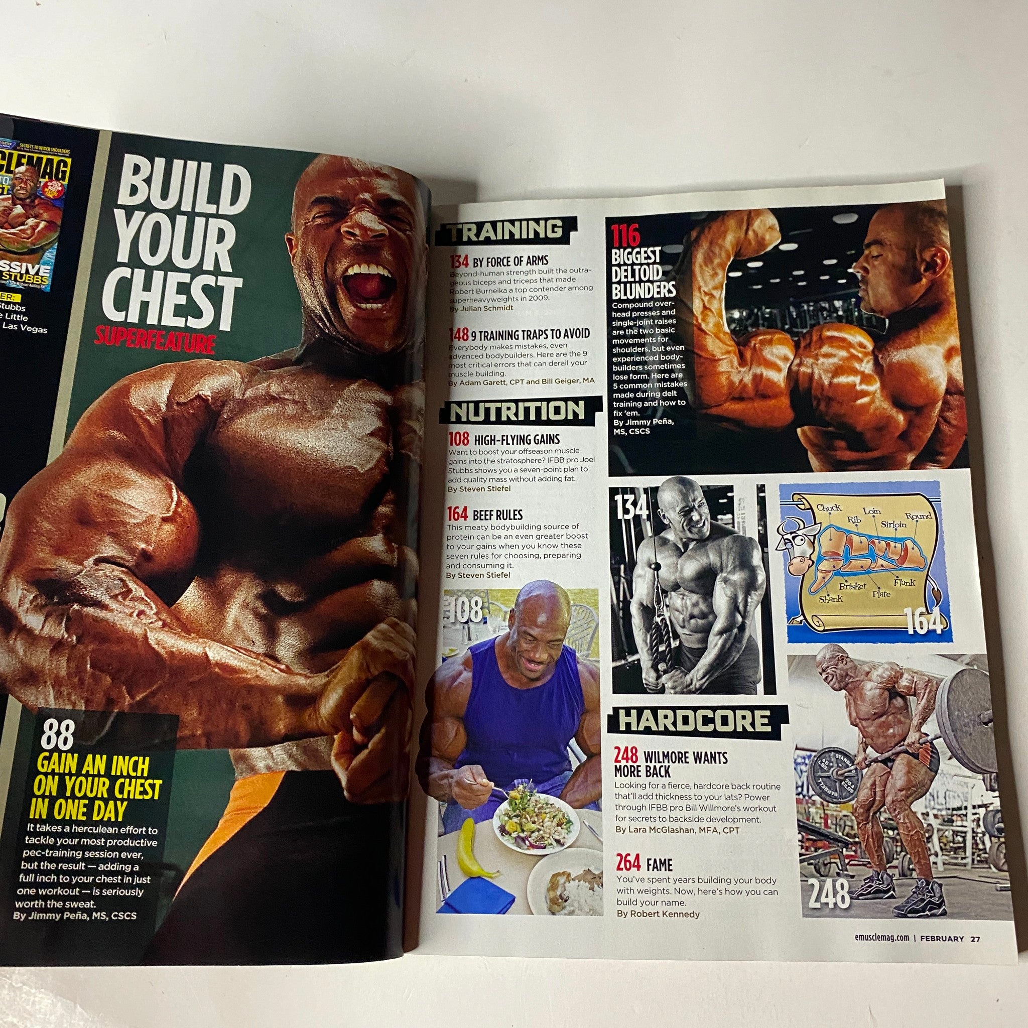 MuscleMag International Magazine February 2010 No. 333 - An interior page showcasing training tips and nutrition advice with image highlights for bodybuilding enthusiasts.
