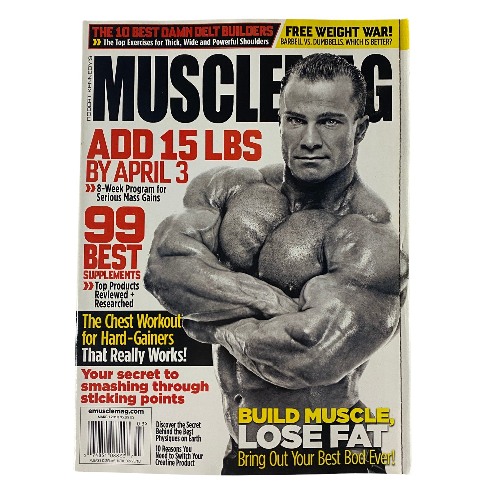 Cover of MuscleMag International Magazine March 2010 featuring Ronny Rockel. The magazine promotes bodybuilding tips, nutrition advice, and fitness supplementation.