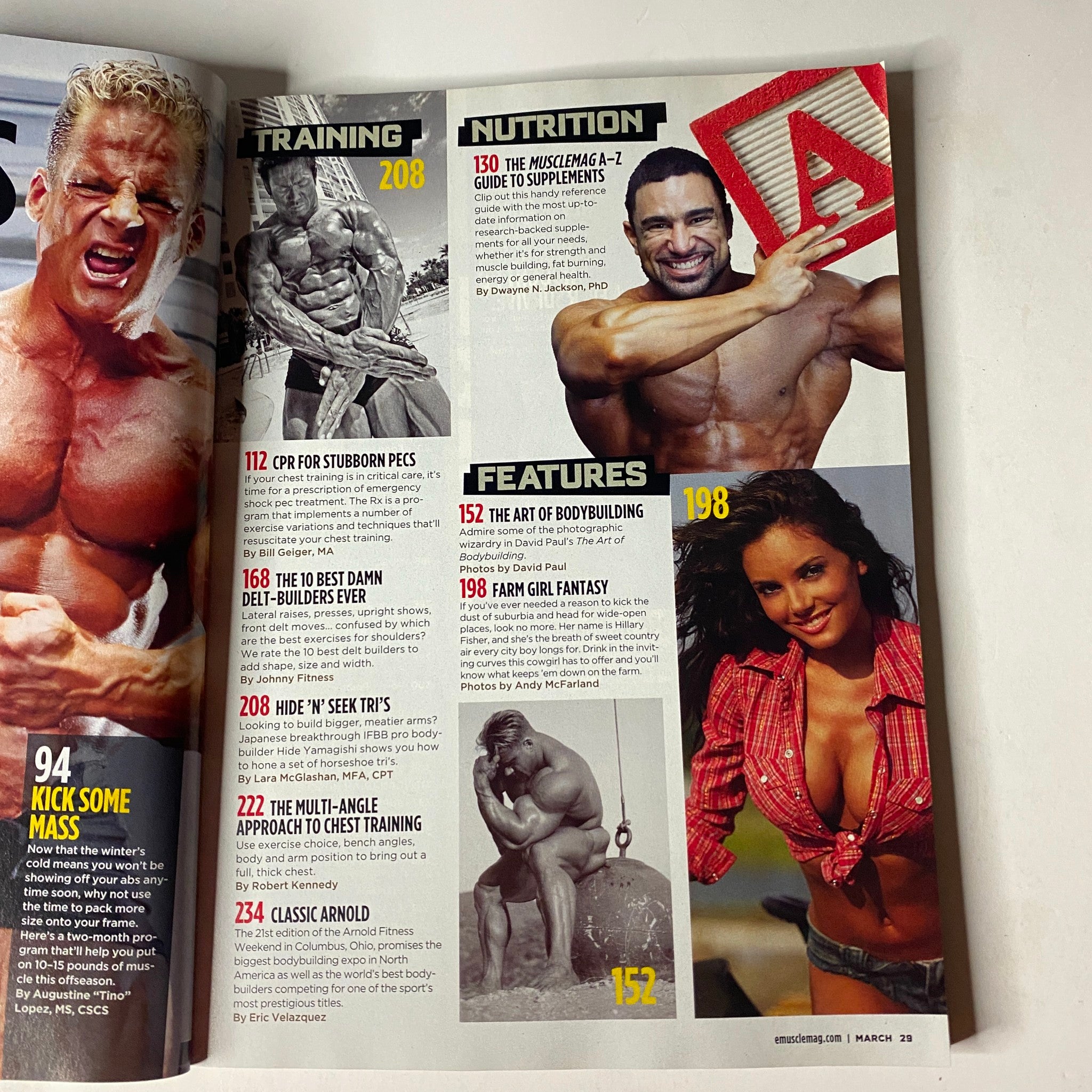 Interior page of MuscleMag International Magazine March 2010 showcasing training and nutrition sections with fitness models and informative articles on bodybuilding.
