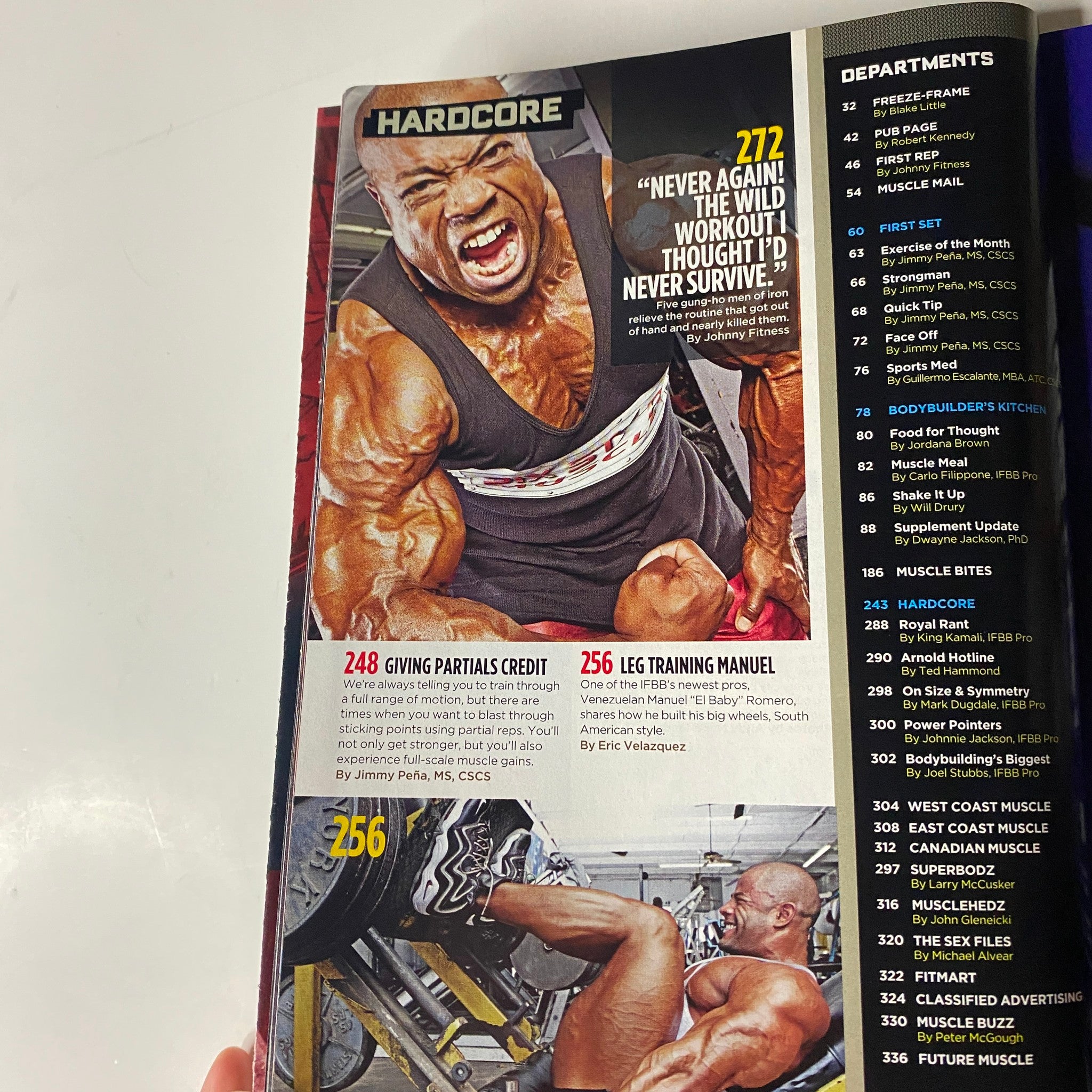 Image from MuscleMag International Magazine March 2010 #334 featuring a muscular man performing leg exercises, illustrating the theme of hardcore bodybuilding training.