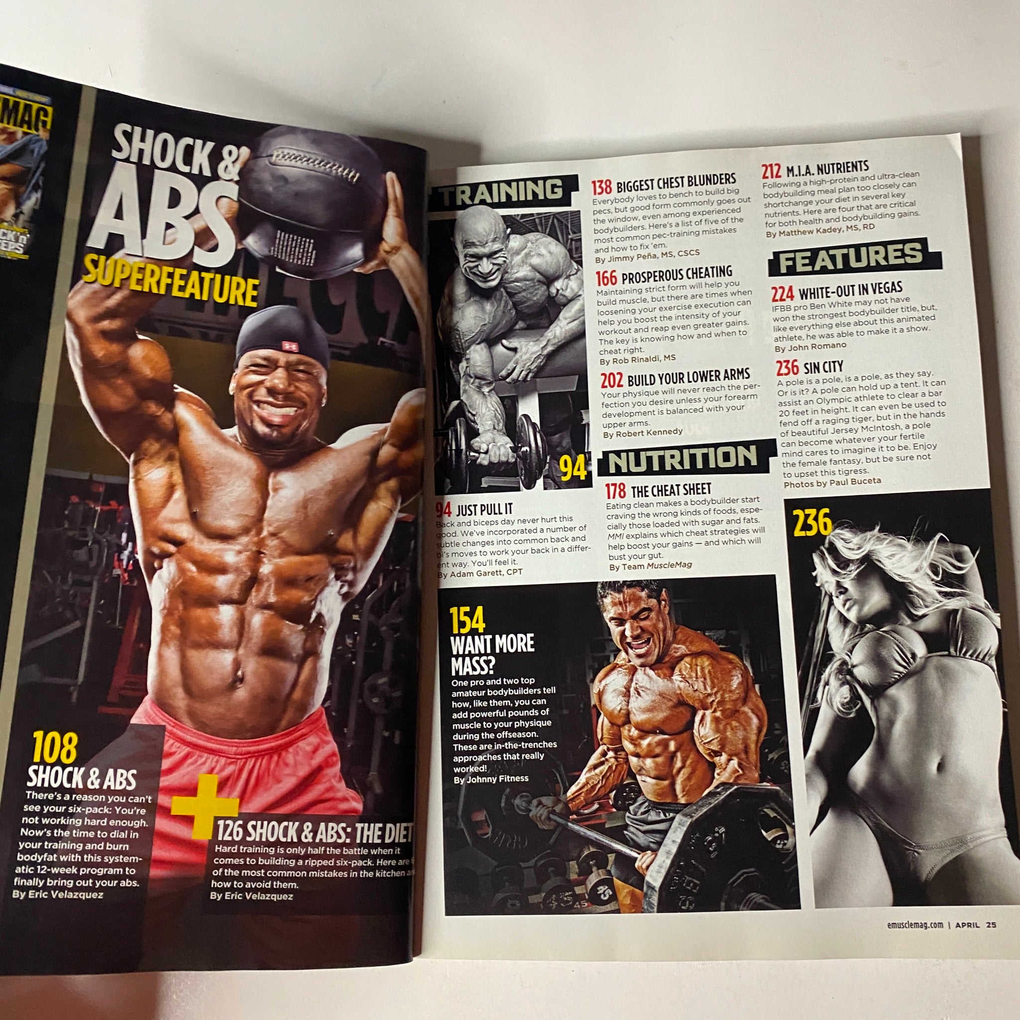 Interior page of MuscleMag International Magazine April 2010, No. 335 displaying fitness articles, training tips, and nutrition information, highlighting bodybuilding techniques.