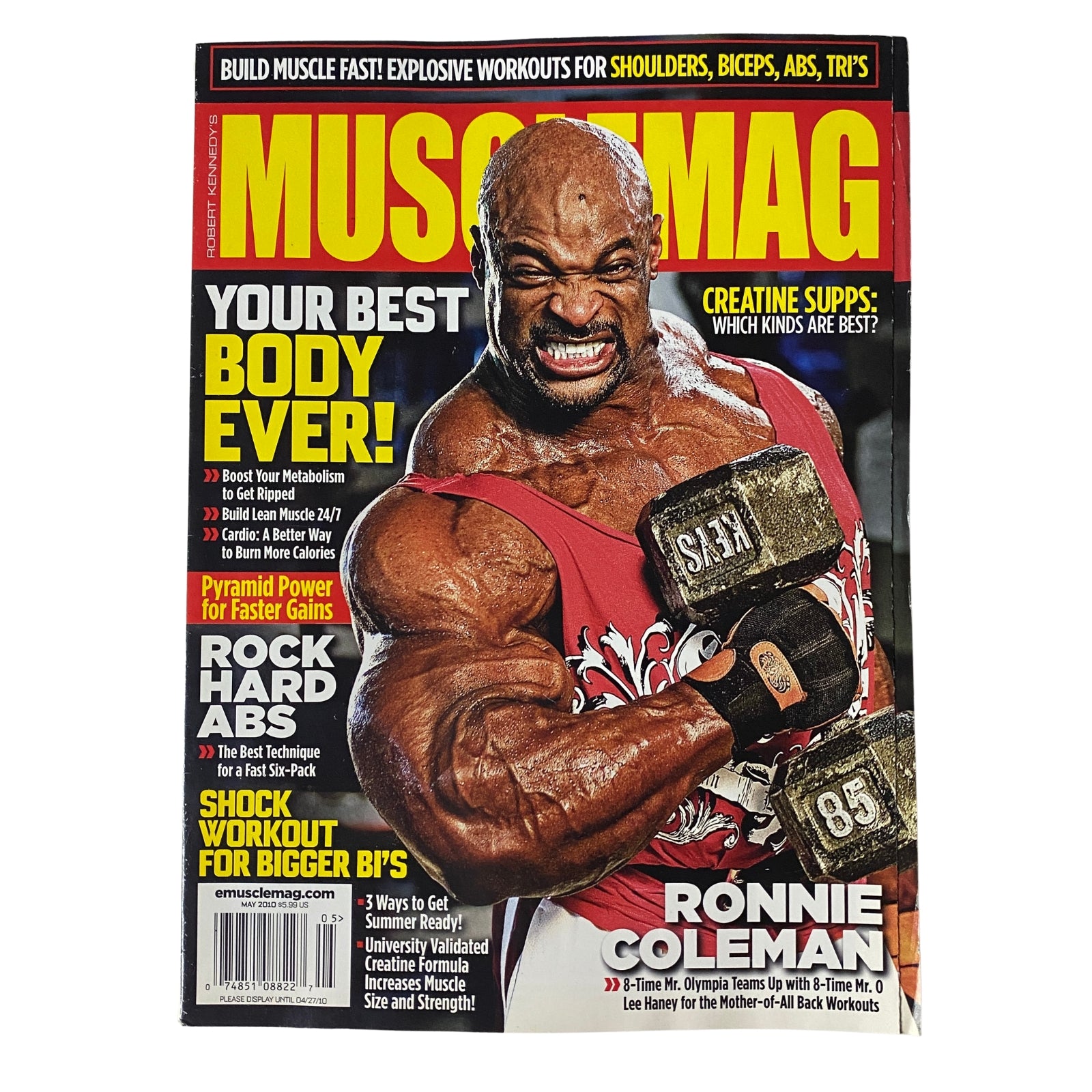 MuscleMag International Magazine May 2010, Issue No. 336 featuring Ronnie Coleman on the cover, showcasing bodybuilding expertise and fitness tips.
