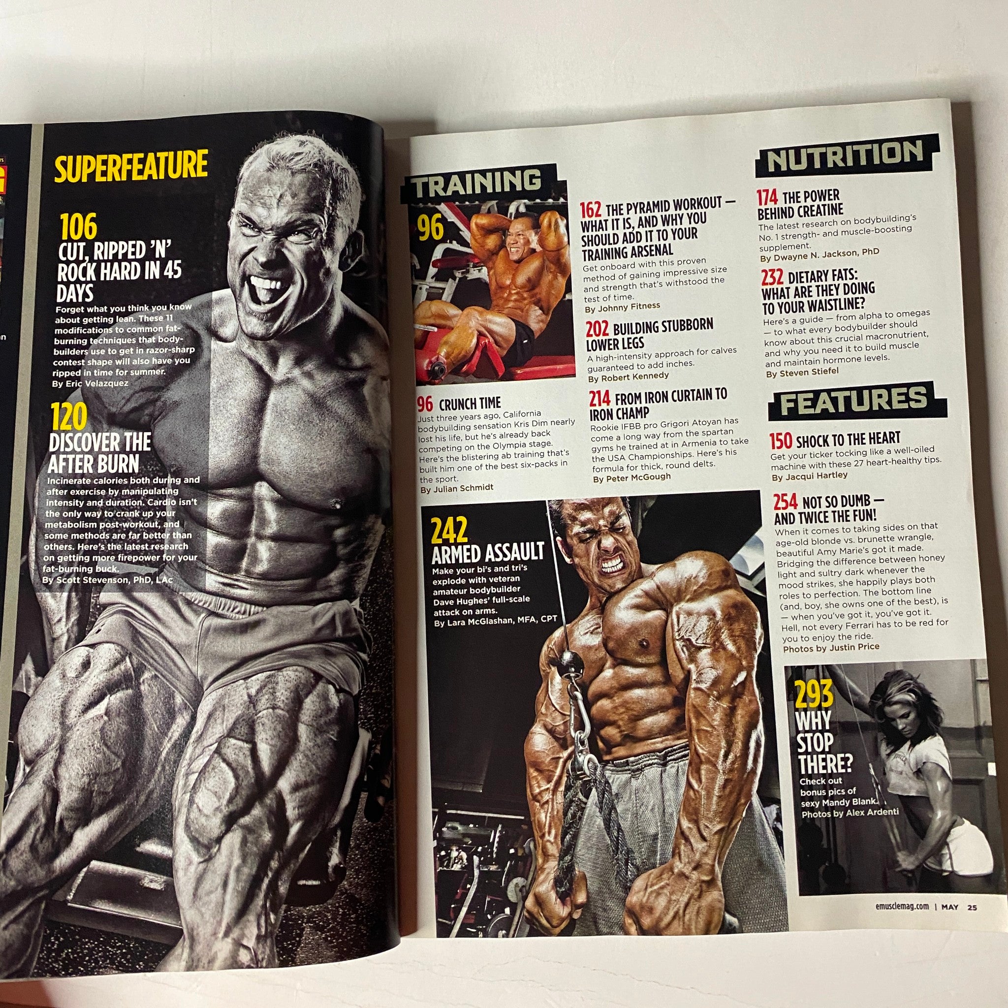 Interior pages of MuscleMag International Magazine May 2010, featuring a super feature on bodybuilding training and nutrition tips, highlighting workouts and meal plans.