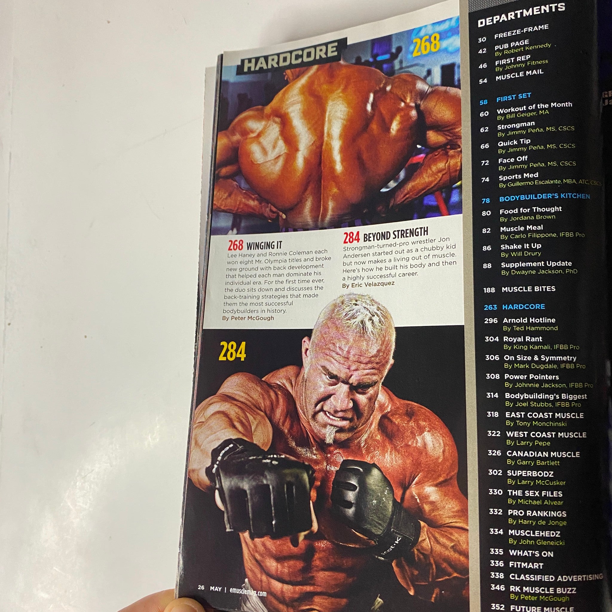 Content page from MuscleMag International Magazine May 2010, displaying articles on bodybuilding strength training and fitness techniques.