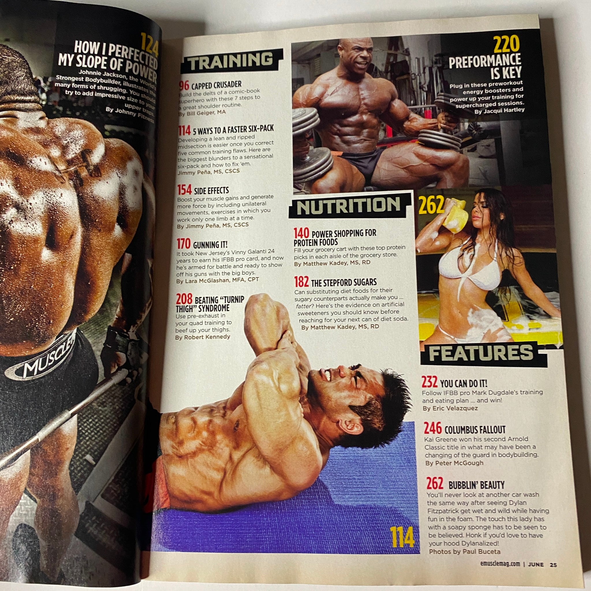 Inside page of MuscleMag International Magazine June 2010 #337 highlighting training routines and nutritional advice for bodybuilders, including sections on performance and key fitness topics.