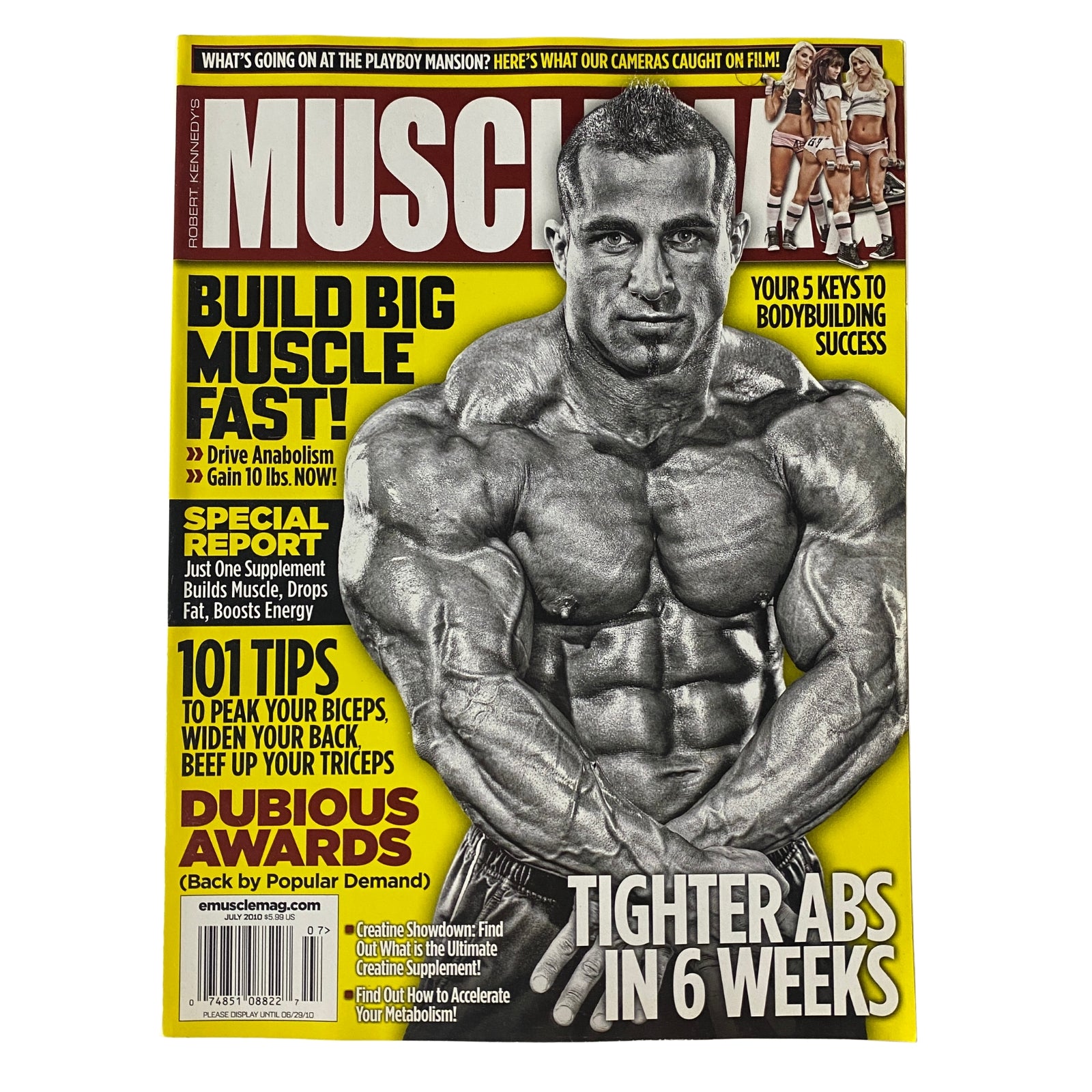 MuscleMag International Magazine July 2010, No. 338 featuring IFBB Pro Fouad Abiad on the cover, highlighting bodybuilding success and muscle building strategies.