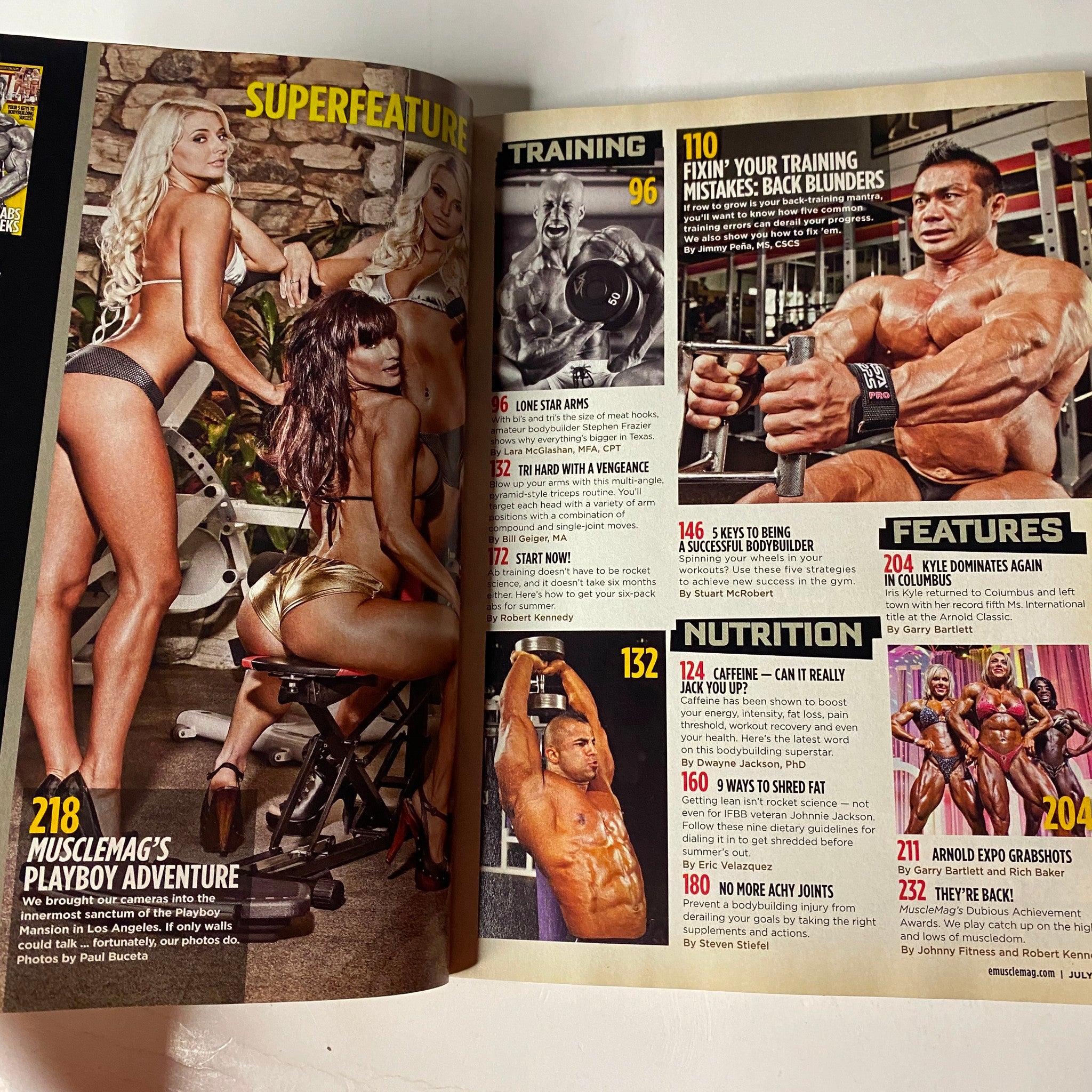 Inside pages of MuscleMag International Magazine July 2010, showcasing superfeatures on bodybuilding with articles on training and nutrition.