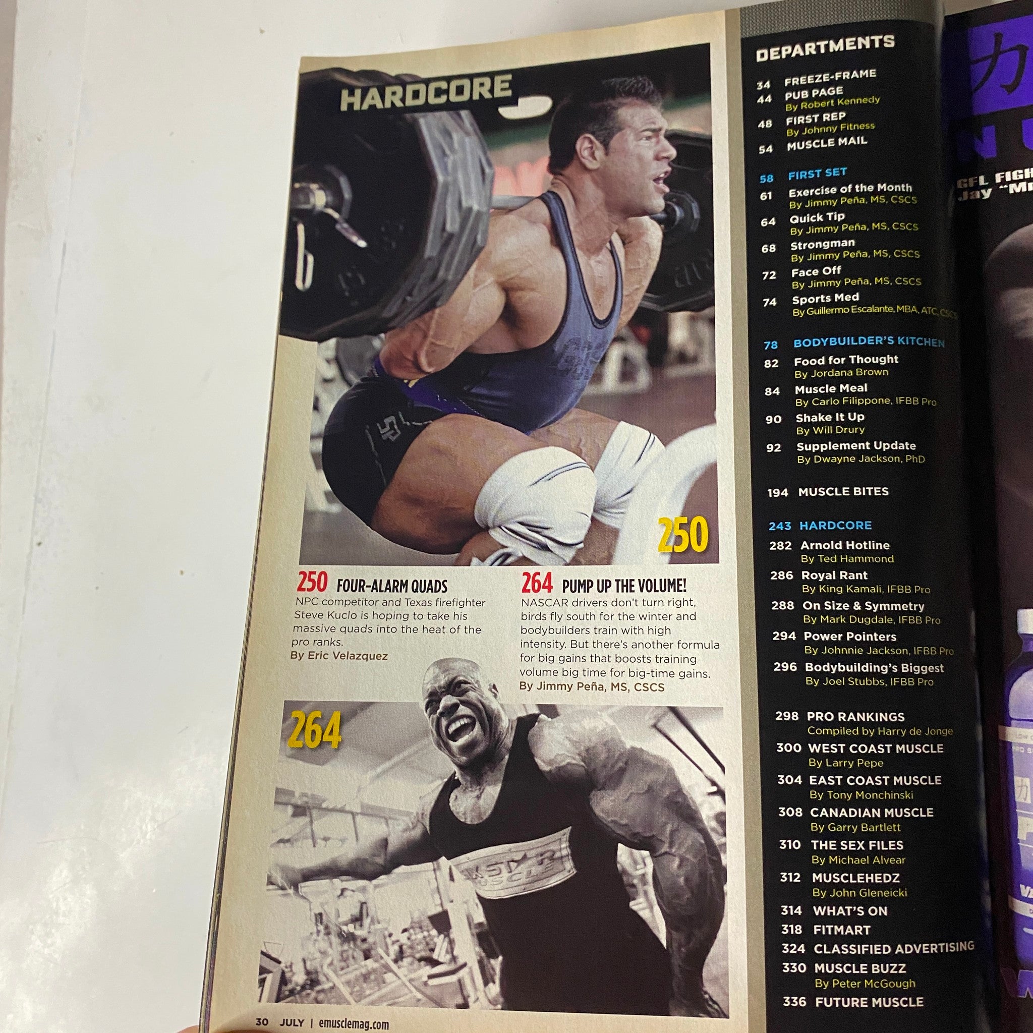 Another inside page from MuscleMag International Magazine July 2010, highlighting hardcore training tips and fitness features by experts.