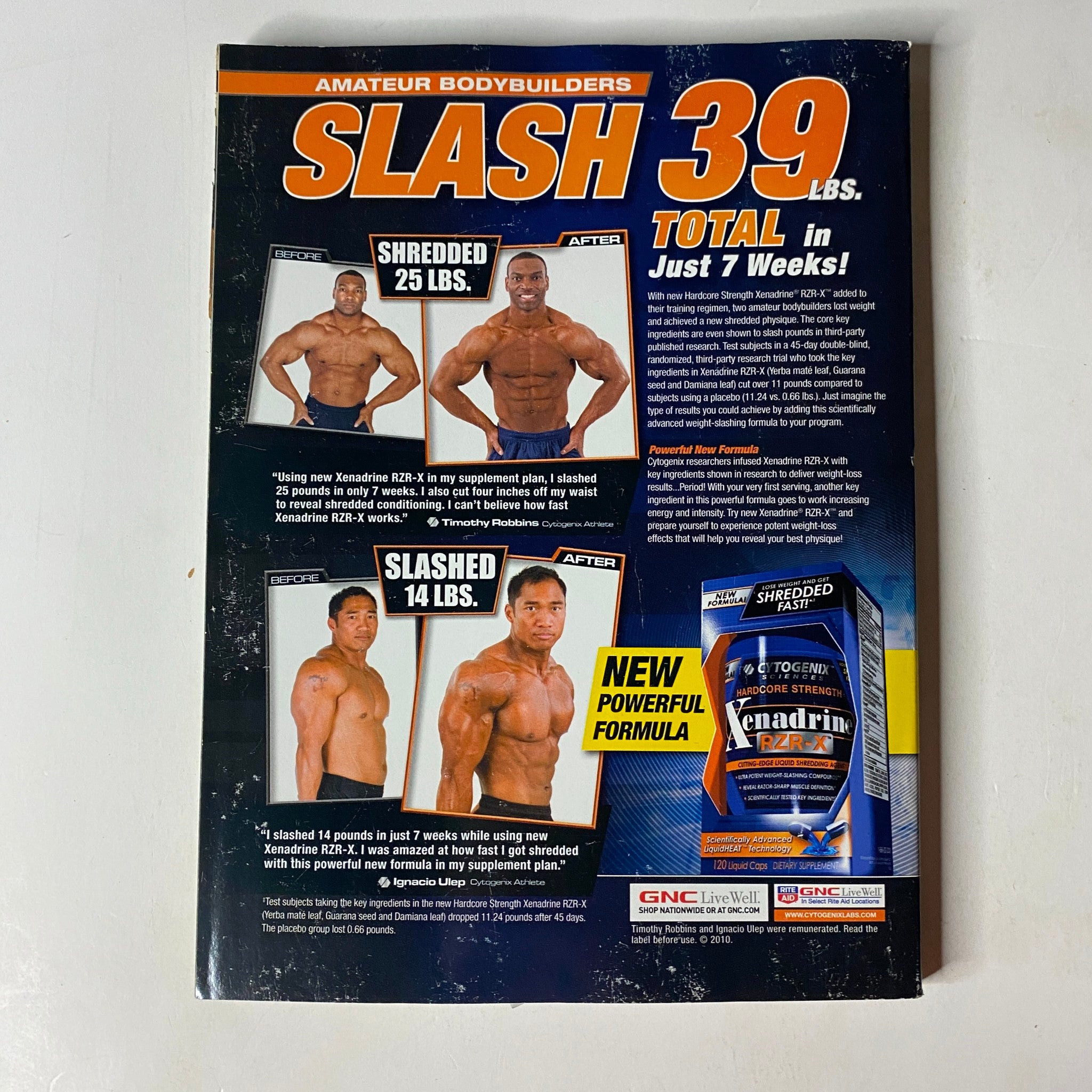 Back cover of MuscleMag International Magazine July 2010, promoting bodybuilding supplements and success stories of amateur bodybuilders.