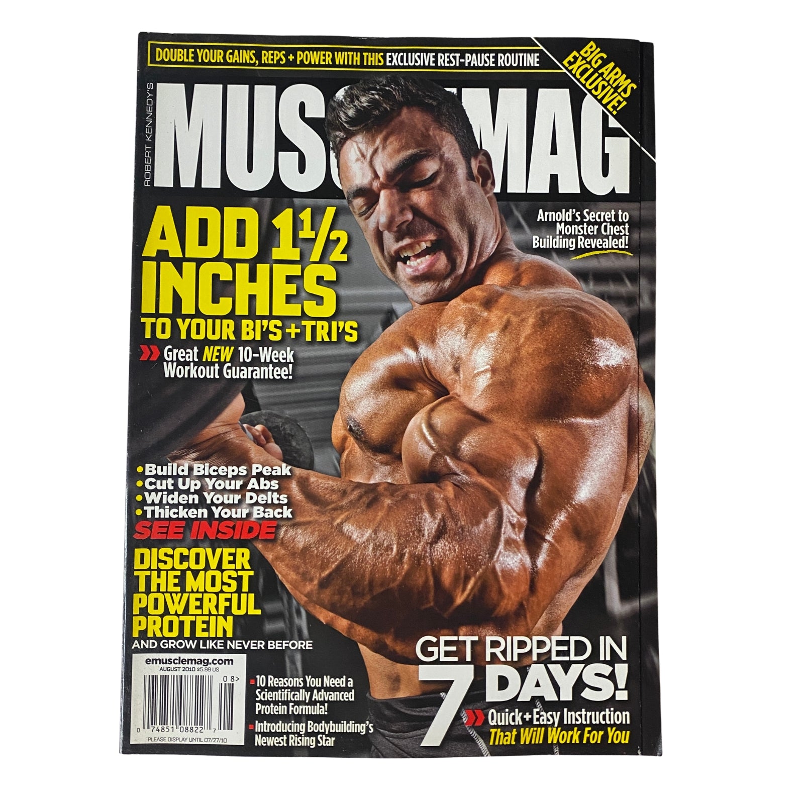 Cover of MuscleMag International Magazine, August 2010, Issue No. 339 featuring IFBB Pro Eduardo Correa, highlighting tips for bodybuilding and fitness including workout routines and nutrition advice.