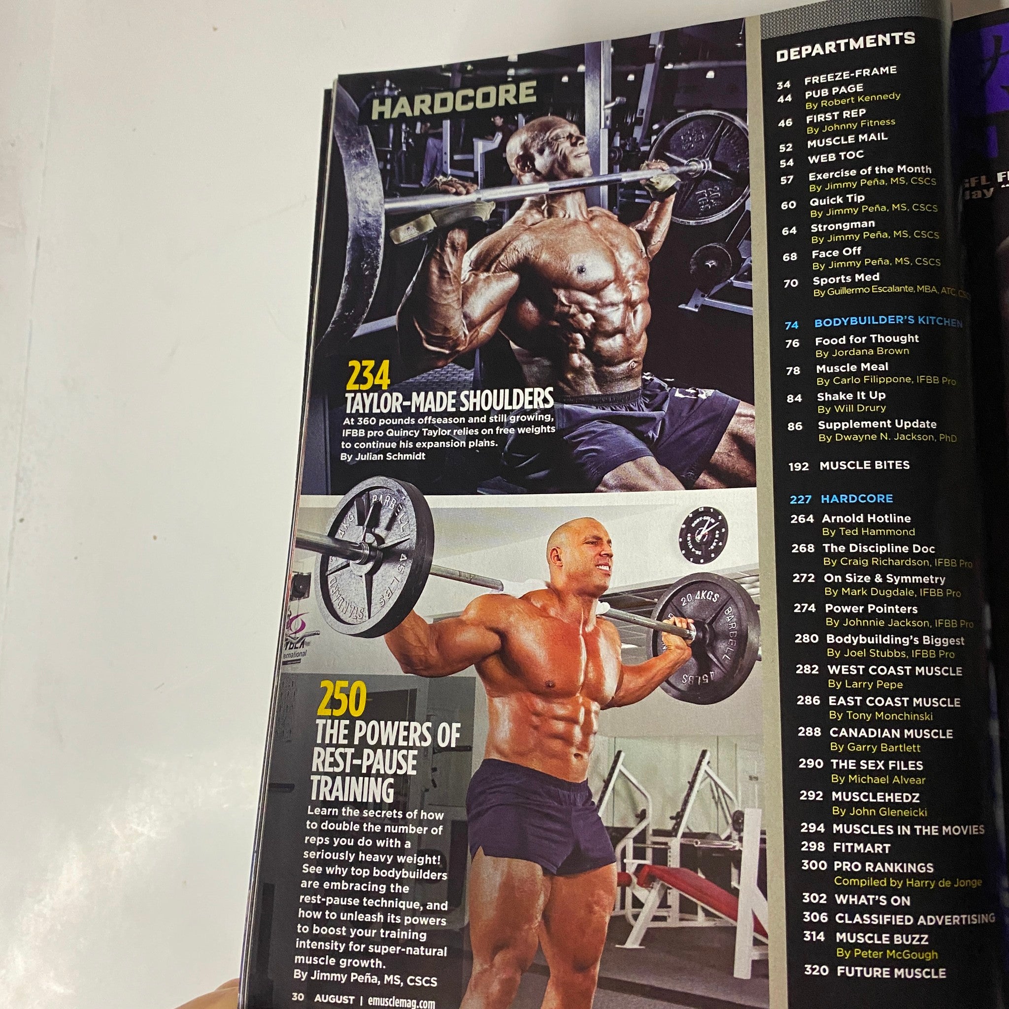 MuscleMag International Magazine August 2010 #339 highlighting hardcore training techniques with illustrations of bodybuilders using weights.