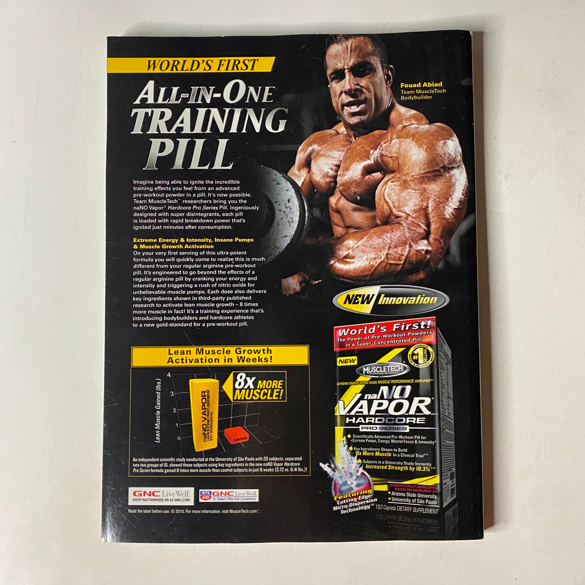 MuscleMag International Magazine August 2010 #339 showcasing an advertisement for an all-in-one training pill alongside a muscular male model.