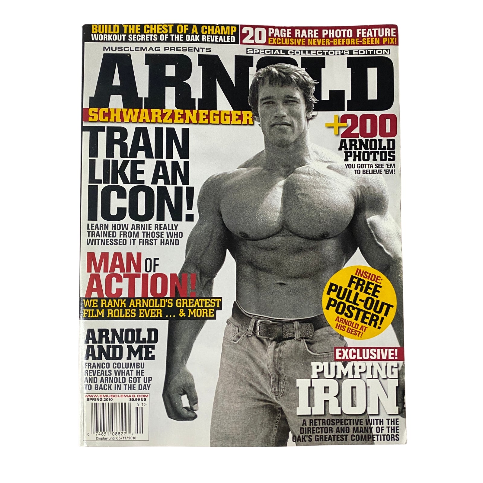 Cover of MuscleMag International Magazine Spring 2010 featuring Arnold Schwarzenegger with the title 'Train Like an Icon!' and a free pull-out poster.