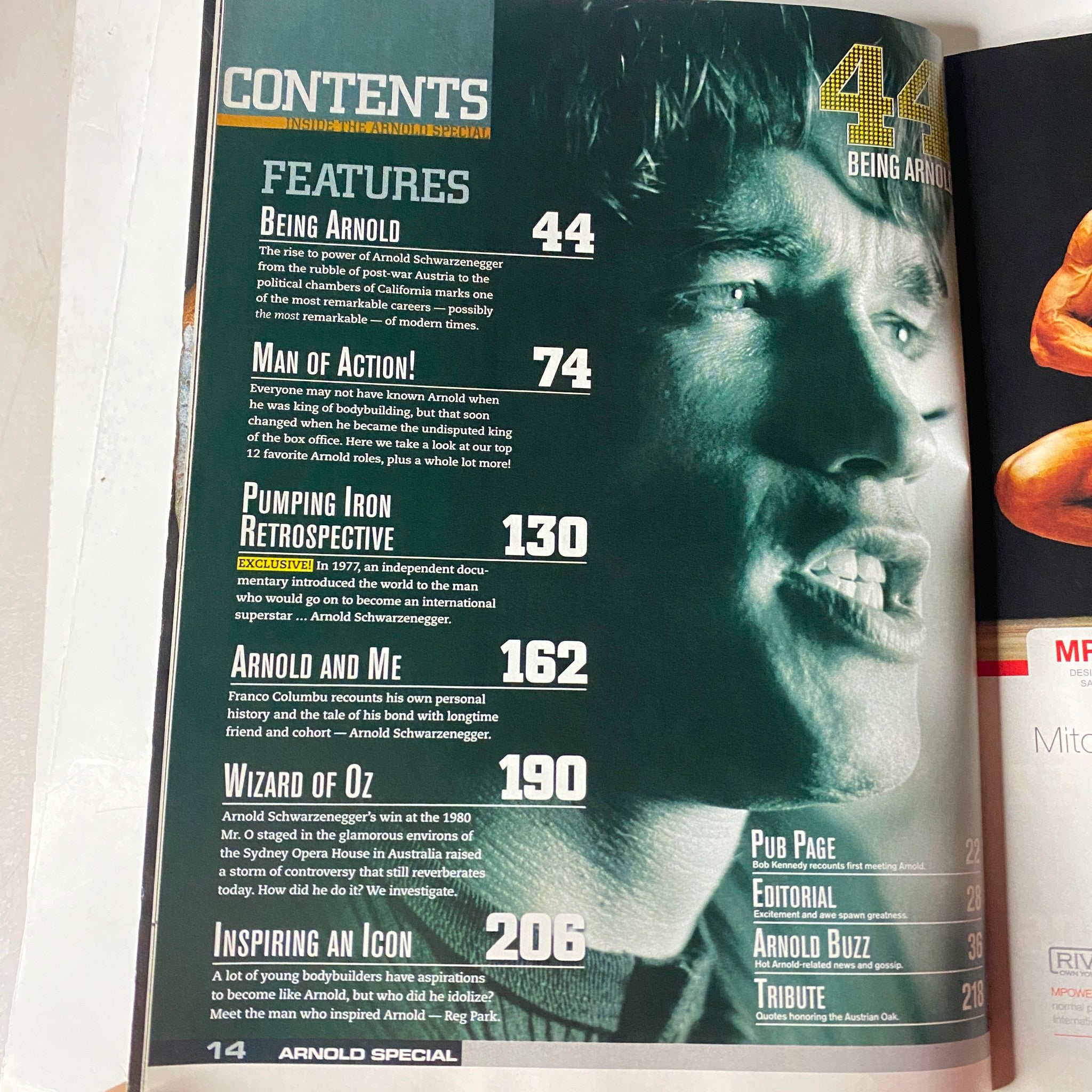 Contents page of MuscleMag International Magazine Spring 2010 showcasing features including 'Being Arnold', 'Man of Action', and 'Pumping Iron Retrospective'.