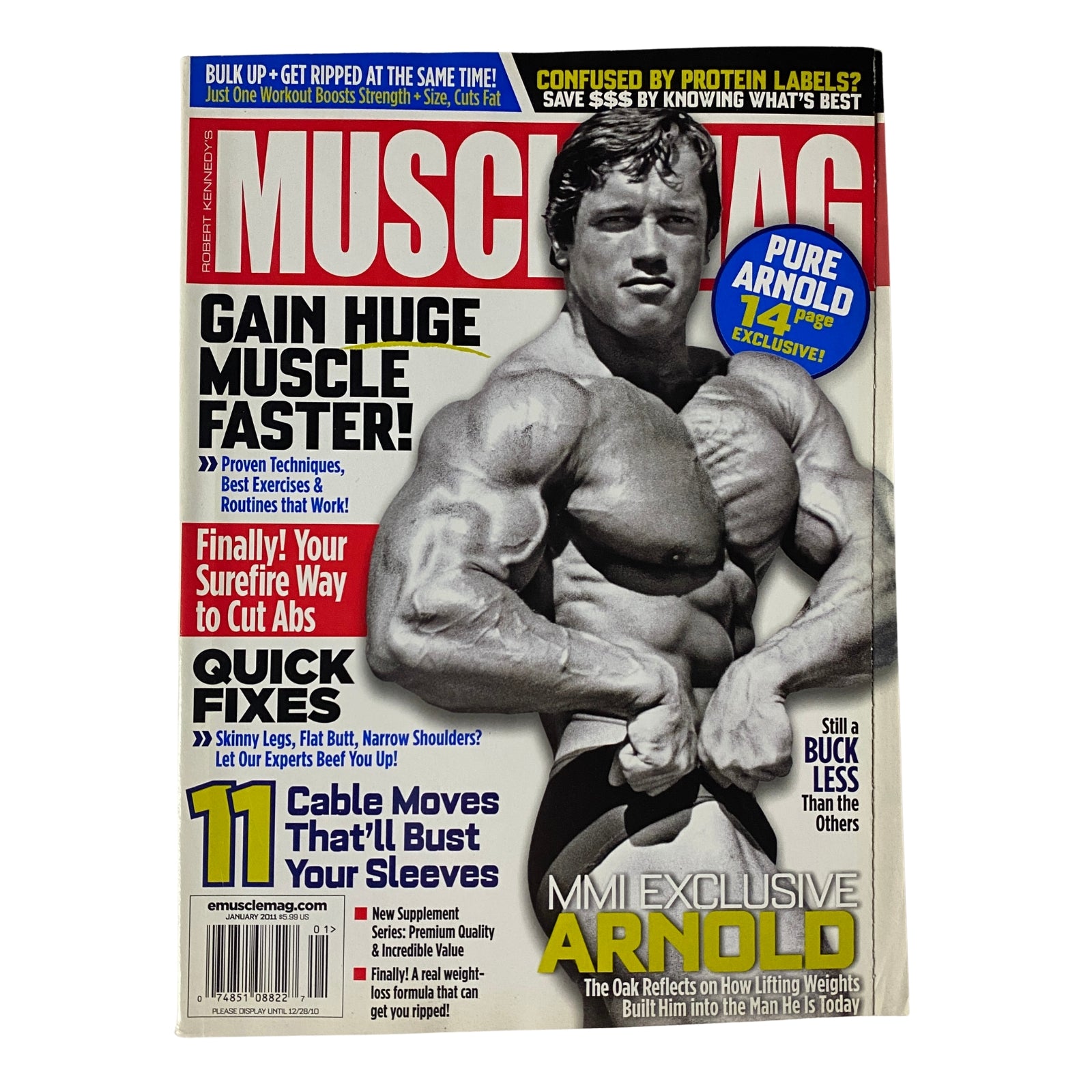 Cover of MuscleMag International Magazine January 2011 No. 344 featuring Arnold Schwarzenegger, showcasing bodybuilding tips and techniques for muscle gain and fitness.