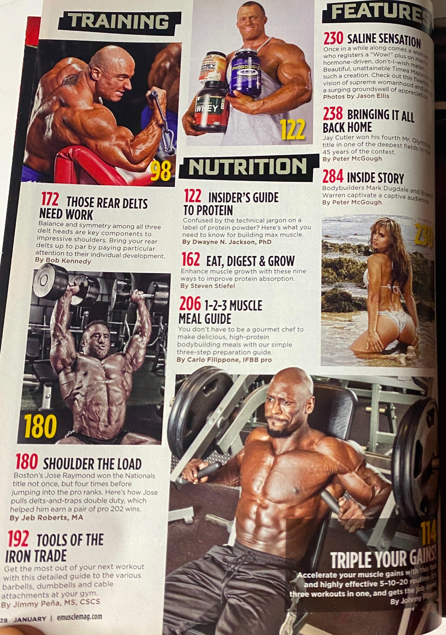 Training and Nutrition section from MuscleMag International Magazine January 2011, No. 344 featuring bodybuilding workouts and dietary advice.