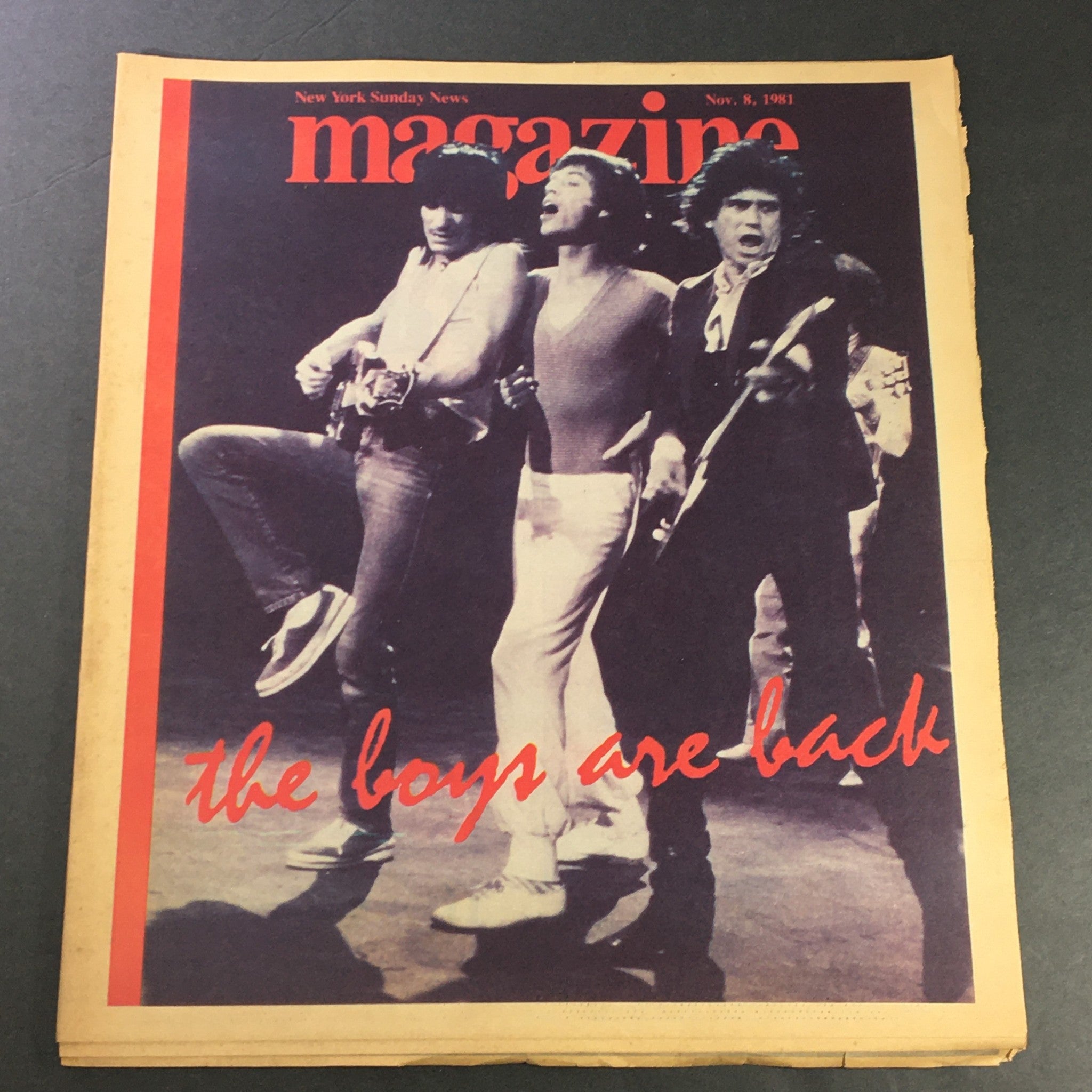 Cover of VTG New York Sunday News Magazine from November 8, 1981, featuring images of rock icons Mick Jagger and Ronnie Wood, with the caption 'the boys are back' in bold red lettering.