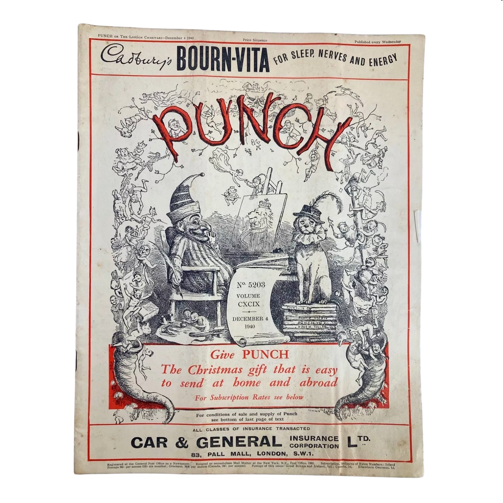Cover of Punch Magazine dated December 4, 1940, displaying whimsical illustrations and advertisements, part of the Lot of 10 Punch Magazines (1940).