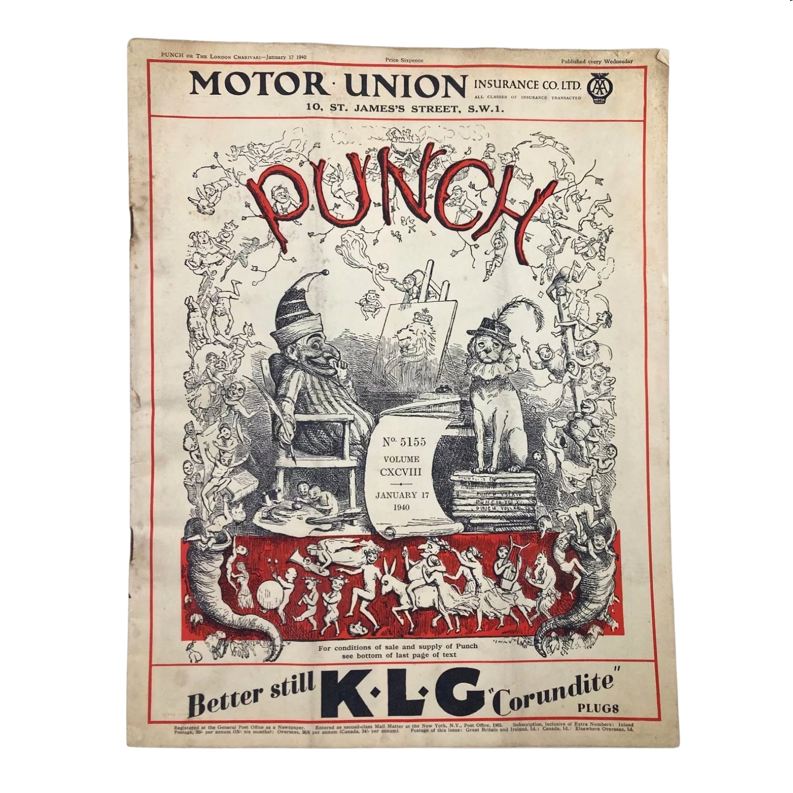 Cover of Punch Magazine dated January 17, 1940, featuring humorous content relevant to the onset of World War II, included in the Lot of 10 Punch Magazines (1940).