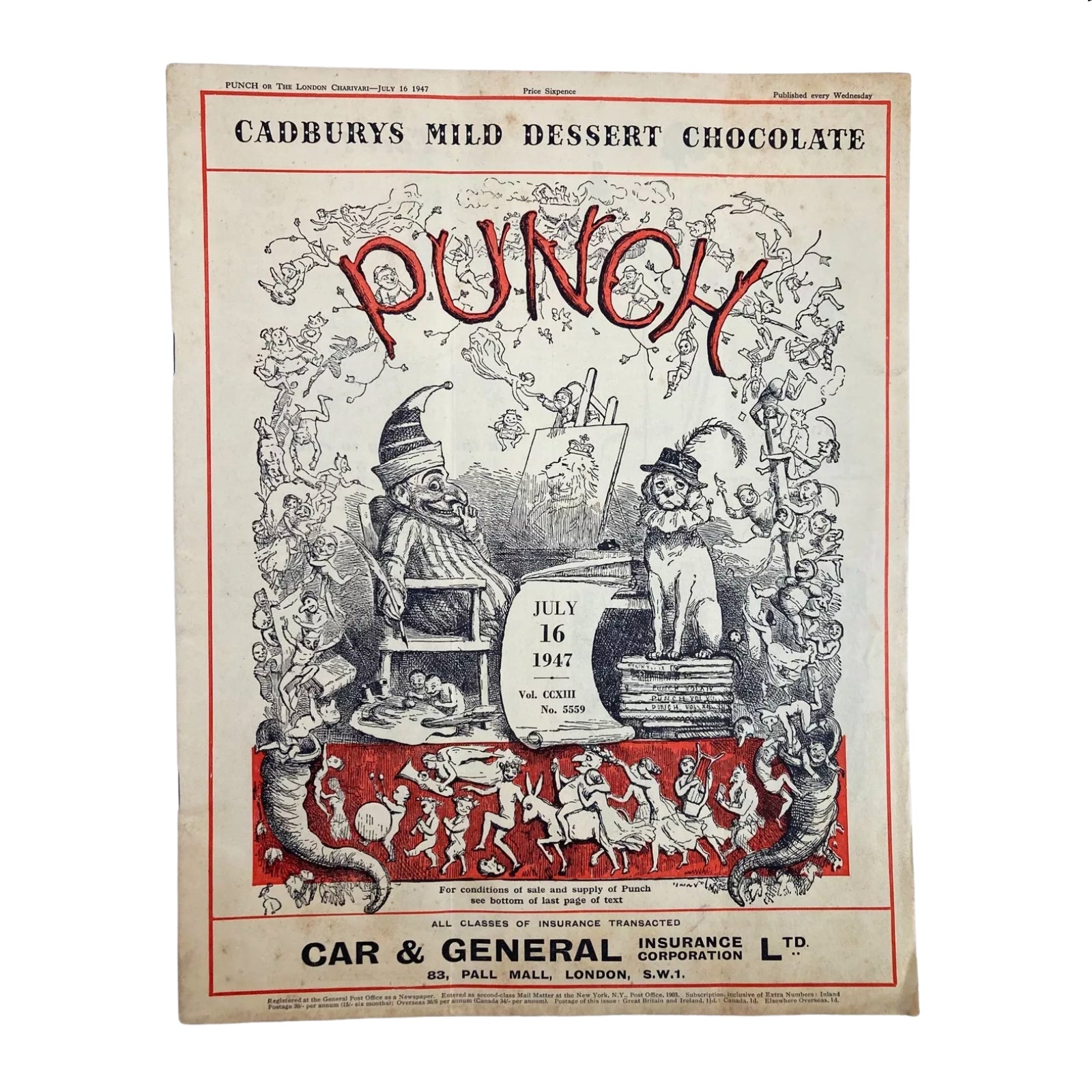 Punch Magazine cover from July 16, 1947, illustrating vintage British satire and humor combined with engaging illustrations and advertising content.