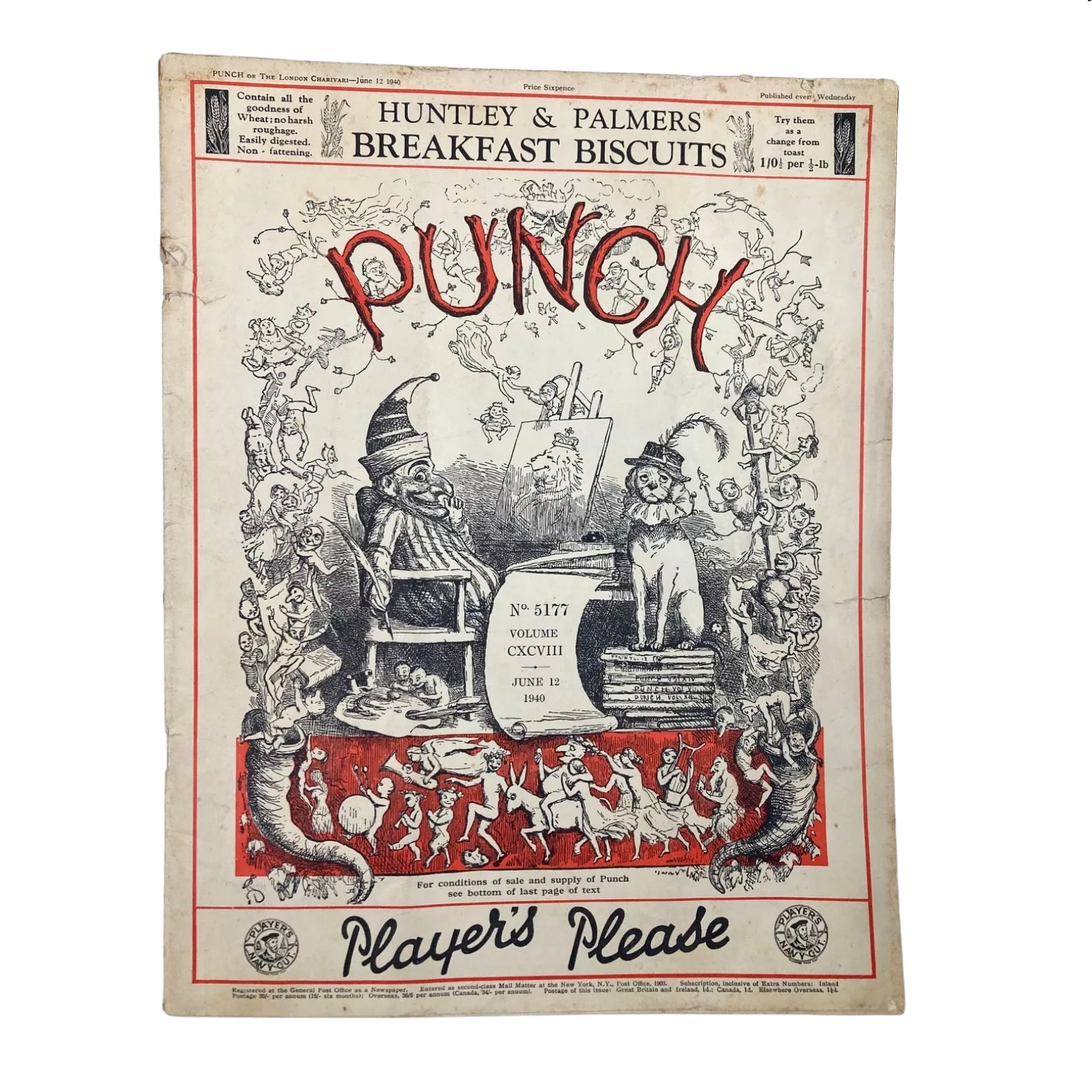 Punch Magazine Cover from June 12, 1940, showing whimsical illustrations and characters, part of the Lot of 10 Punch Magazines – WWII Era British Satire & Cartoons.