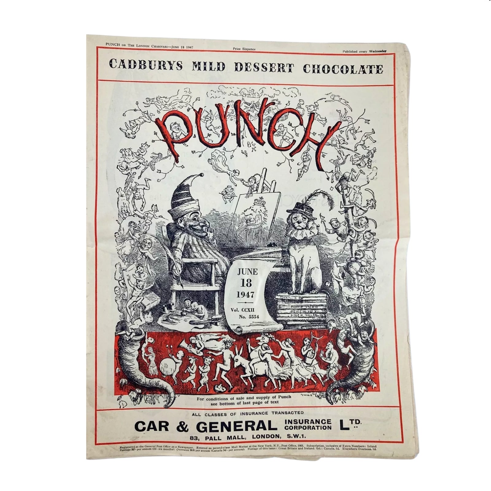 Cover of Punch Magazine dated June 18, 1947, featuring an artistic representation of British humor, part of the lot of 8 Punch magazines.