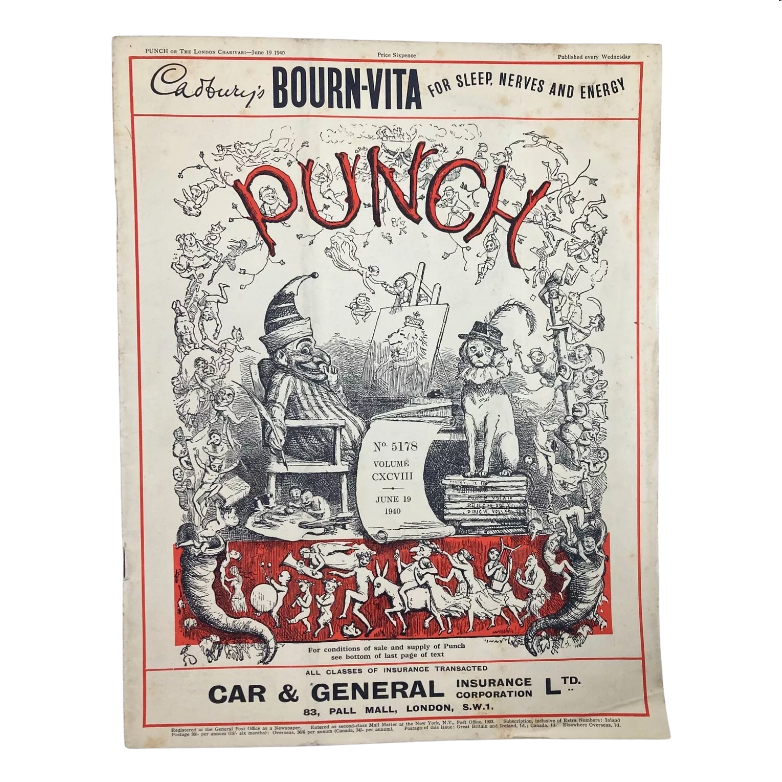 Punch Magazine Cover from June 19, 1940, featuring vibrant illustrations and witty satire, included in the Lot of 10 Punch Magazines – WWII Era British Satire & Cartoons.