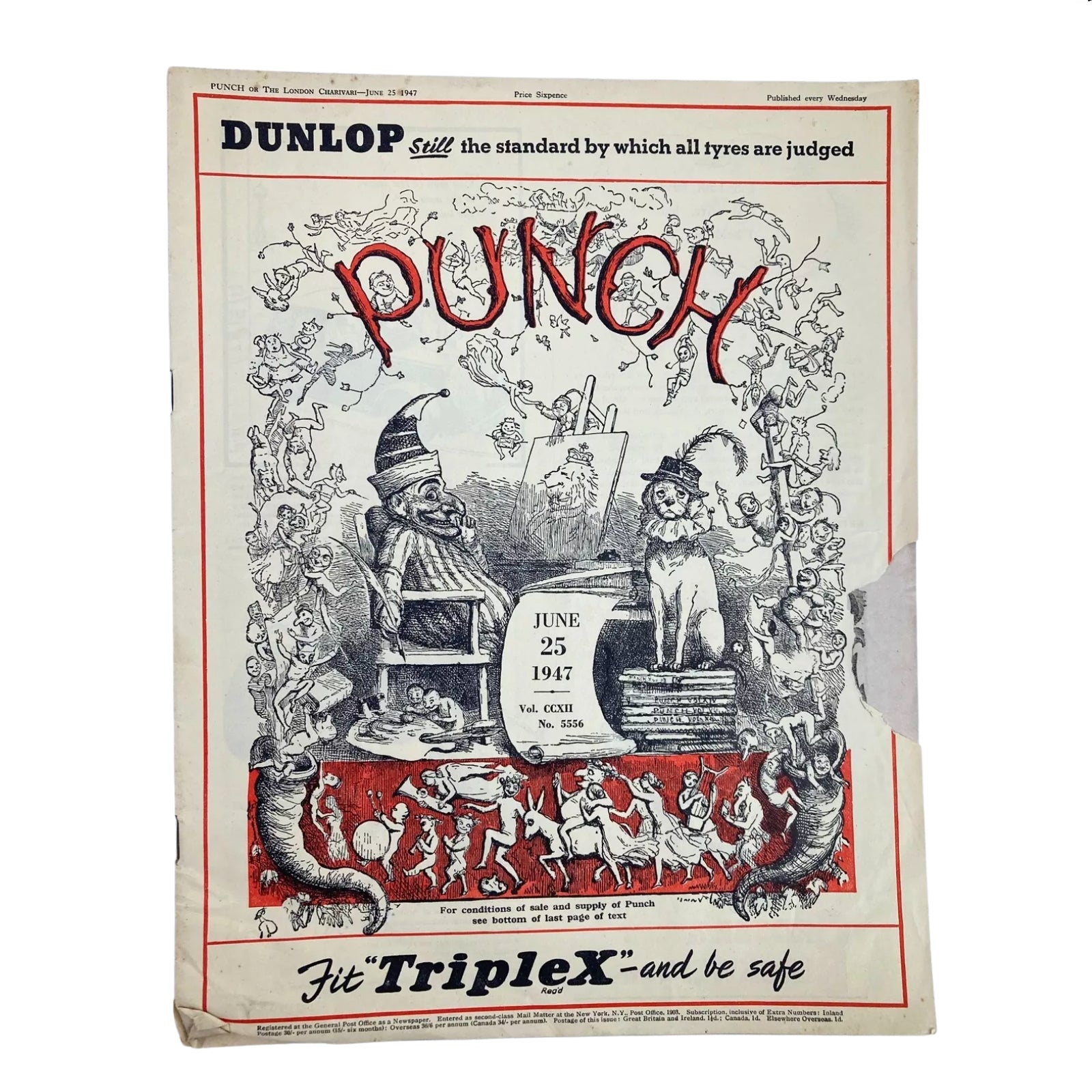 Cover of Punch Magazine dated June 25, 1947, highlighting vintage British satire and humor with an engaging illustration, part of the lot of 8 Punch magazines.