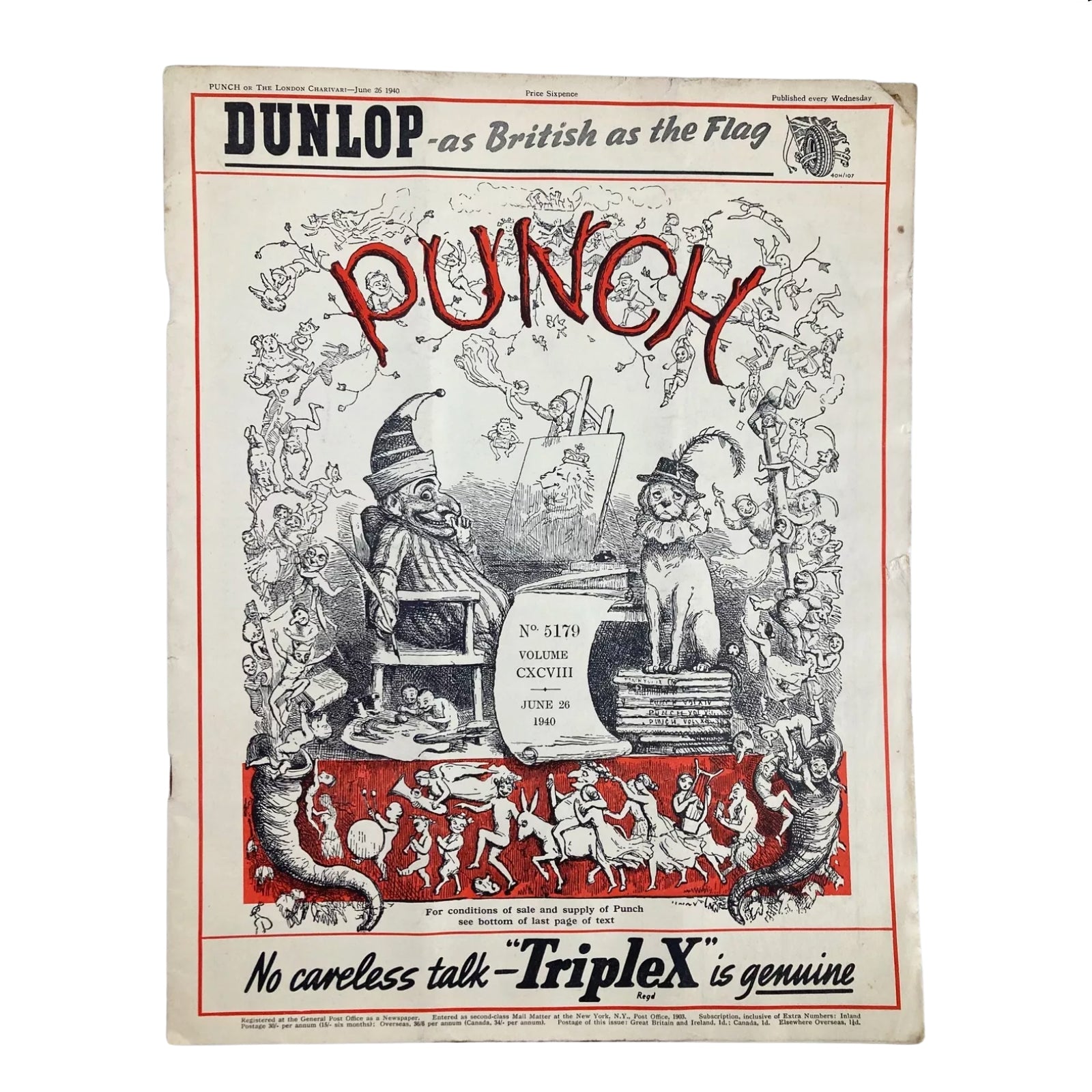 Punch Magazine Cover from June 26, 1940, displaying humorous art and editorial commentary, a part of the Lot of 10 Punch Magazines – WWII Era British Satire & Cartoons.