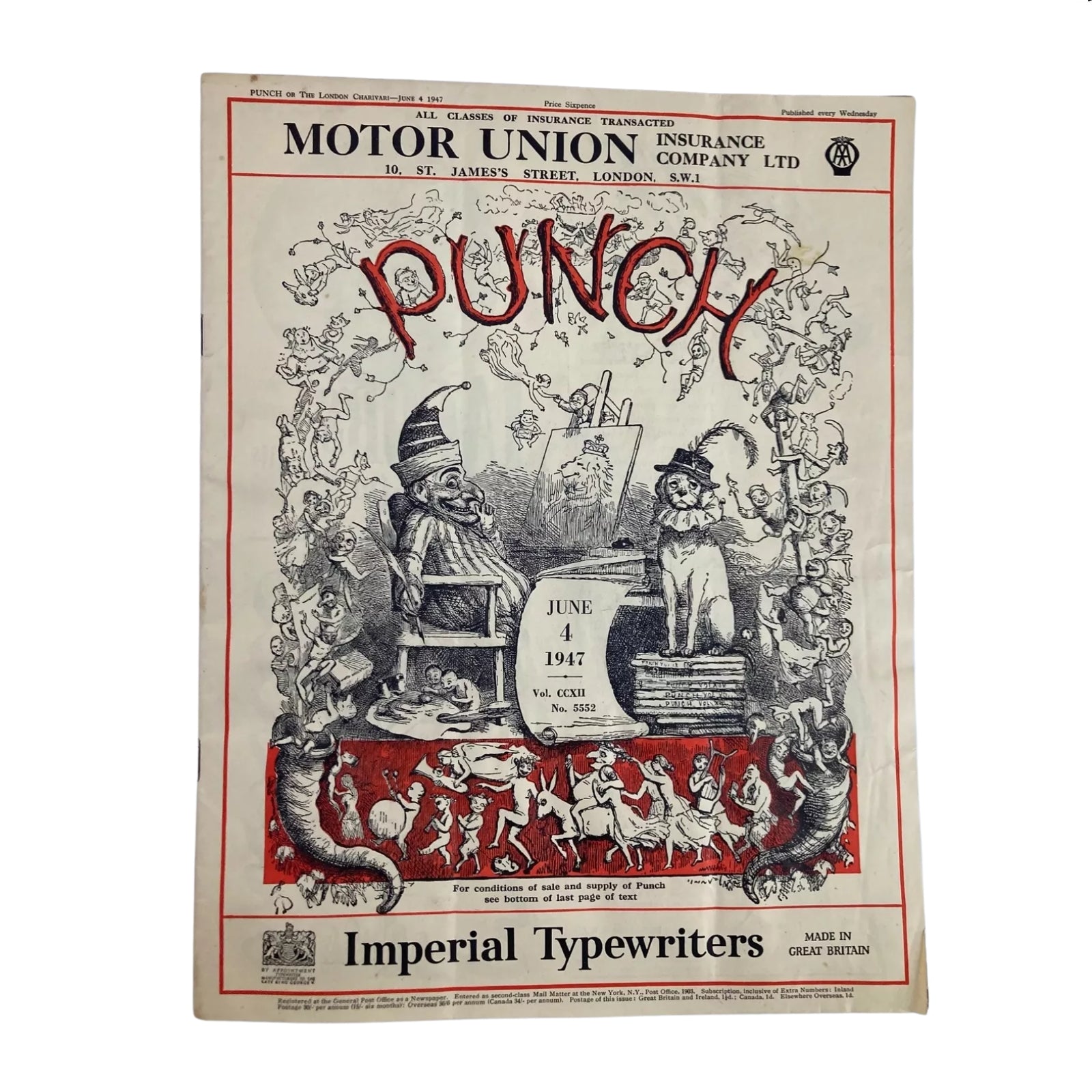 Cover of Punch Magazine dated June 4, 1947, showcasing classic British humor and satire with a playful design, included in the lot of 8 Punch magazines.