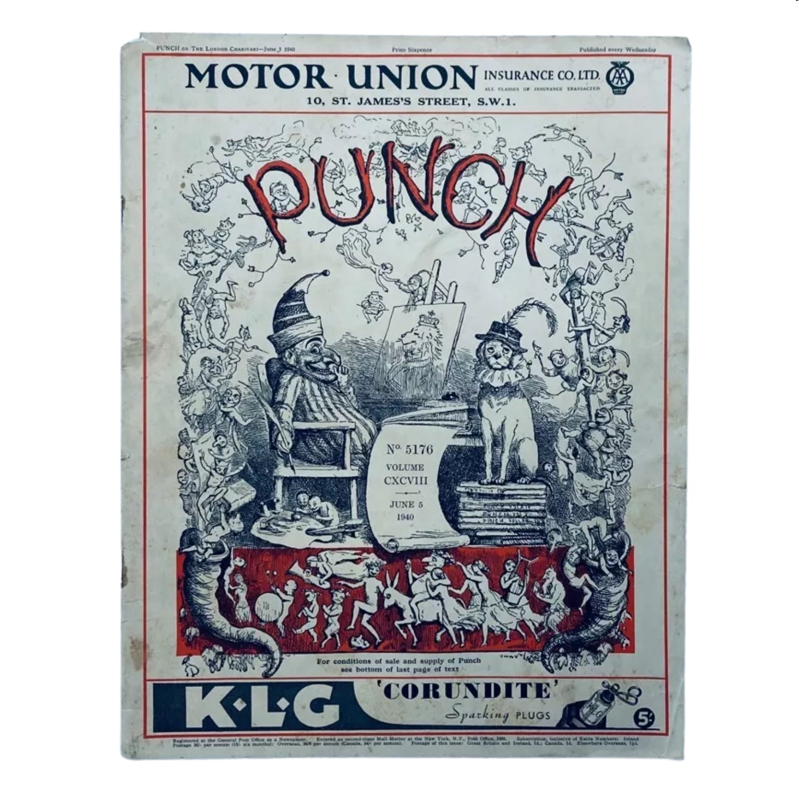 Cover of Punch Magazine dated June 5, 1940, depicting political satire and cartoons, part of the historical Lot of 10 Punch Magazines (1940).