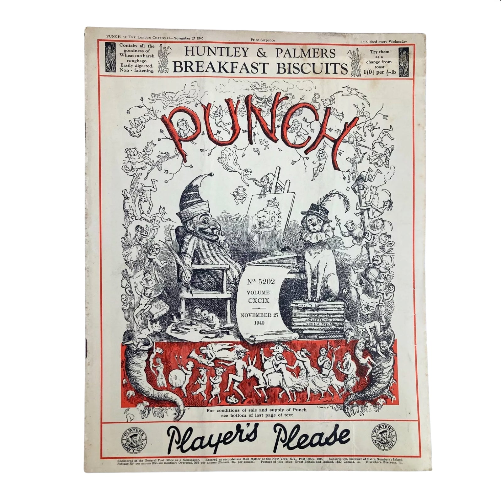 Punch Magazine Cover from November 27, 1940, with engaging illustrations and satire reflecting wartime themes, part of the Lot of 10 Punch Magazines – WWII Era British Satire & Cartoons.
