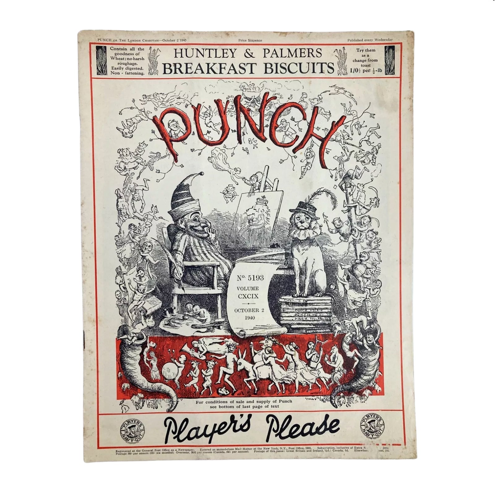 Punch Magazine Cover from October 2, 1940, showcasing artistic satire and cultural commentary, included in the Lot of 10 Punch Magazines – WWII Era British Satire & Cartoons.